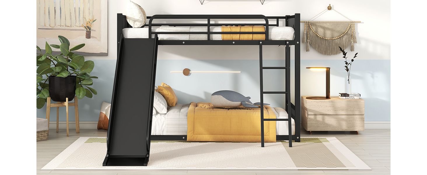 Kids Shared Room Twin Over Twin Metal Bunk Bed with Slide, Ladder, White or Black | Just Better Bunk Beds