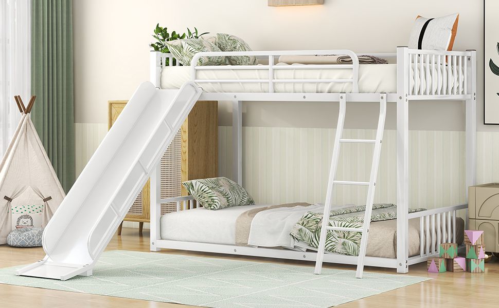 Kids Shared Room Twin Over Twin Metal Bunk Bed with Slide, Ladder, White or Black | Just Better Bunk Beds