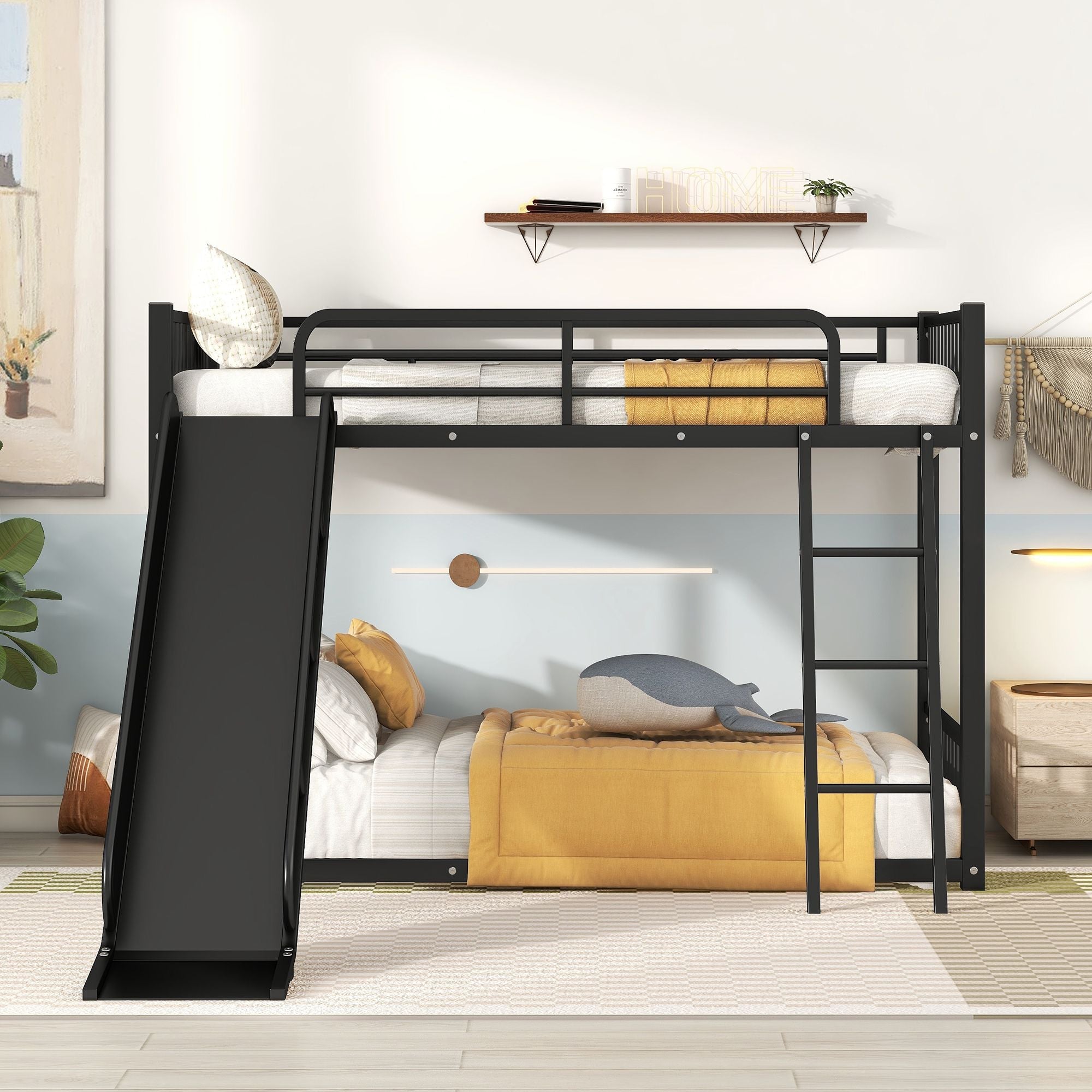 Kids Shared Room Twin Over Twin Metal Bunk Bed with Slide, Ladder, White or Black | Just Better Bunk Beds