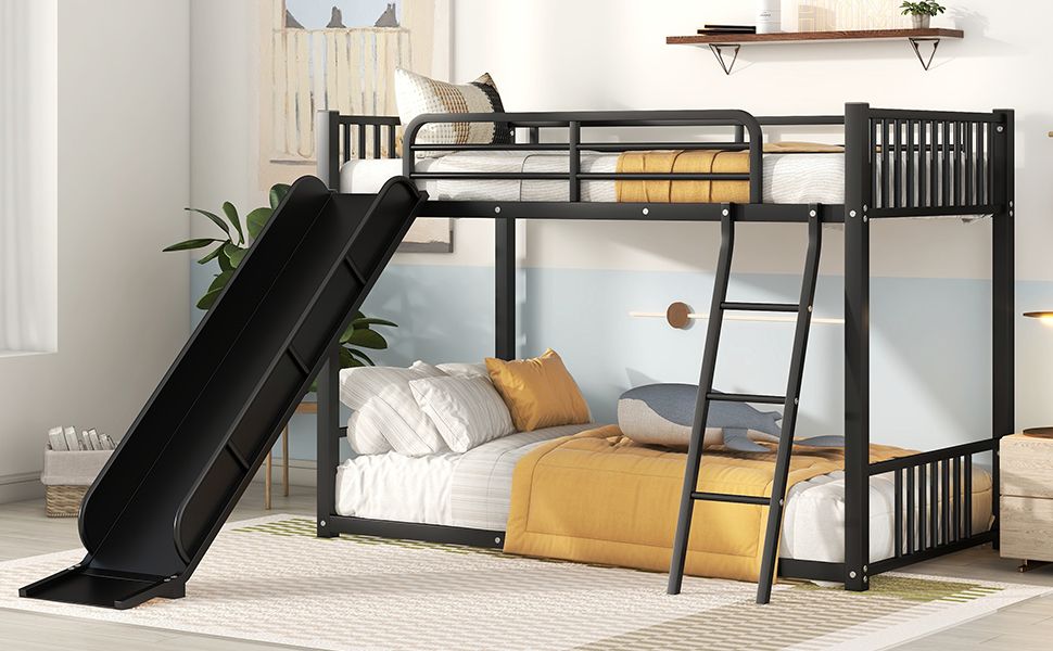 Kids Shared Room Twin Over Twin Metal Bunk Bed with Slide, Ladder, White or Black | Just Better Bunk Beds