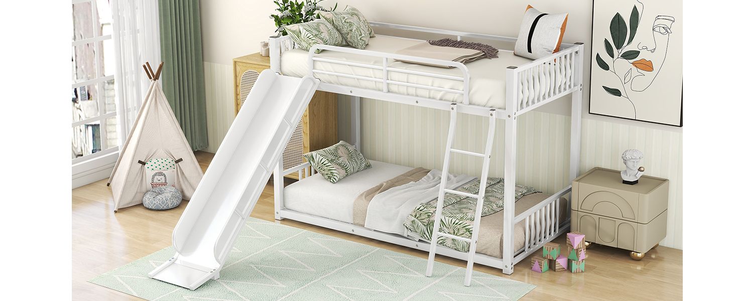 Kids Shared Room Twin Over Twin Metal Bunk Bed with Slide, Ladder, White or Black | Just Better Bunk Beds