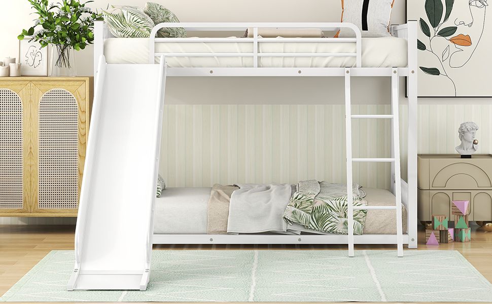 Kids Shared Room Twin Over Twin Metal Bunk Bed with Slide, Ladder, White or Black | Just Better Bunk Beds