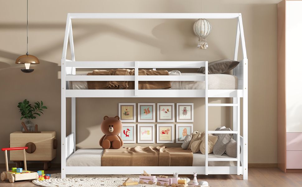 Kids Shared Room Twin Over Twin Rubber Wood House Floor Bunk Bed with Guardrails Ladder White | Just Better Bunk Beds