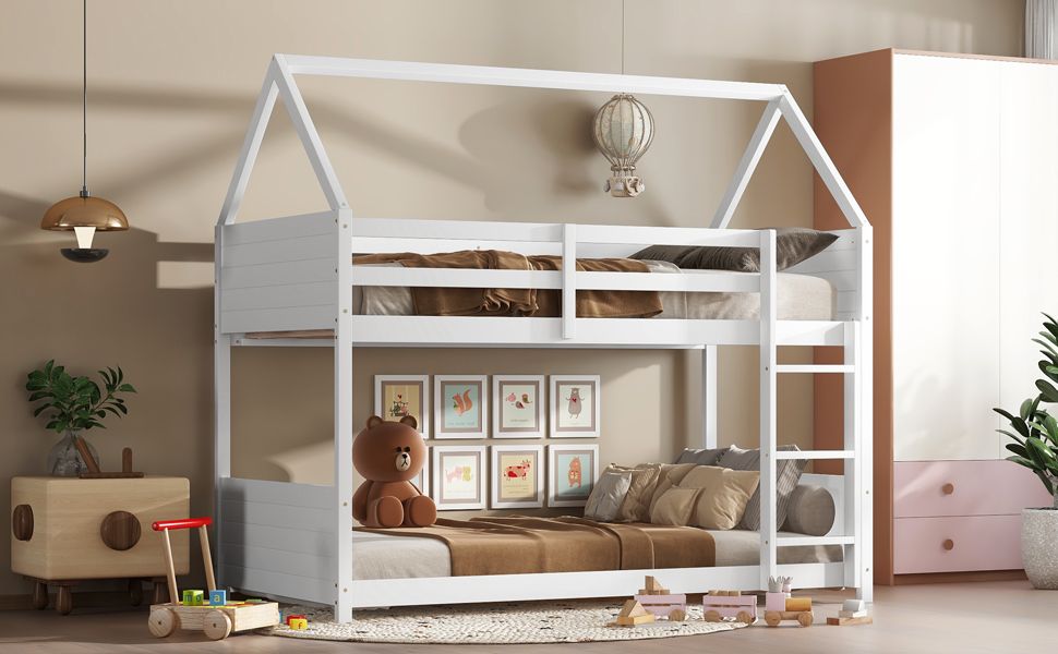 Kids Shared Room Twin Over Twin Rubber Wood House Floor Bunk Bed with Guardrails Ladder White | Just Better Bunk Beds
