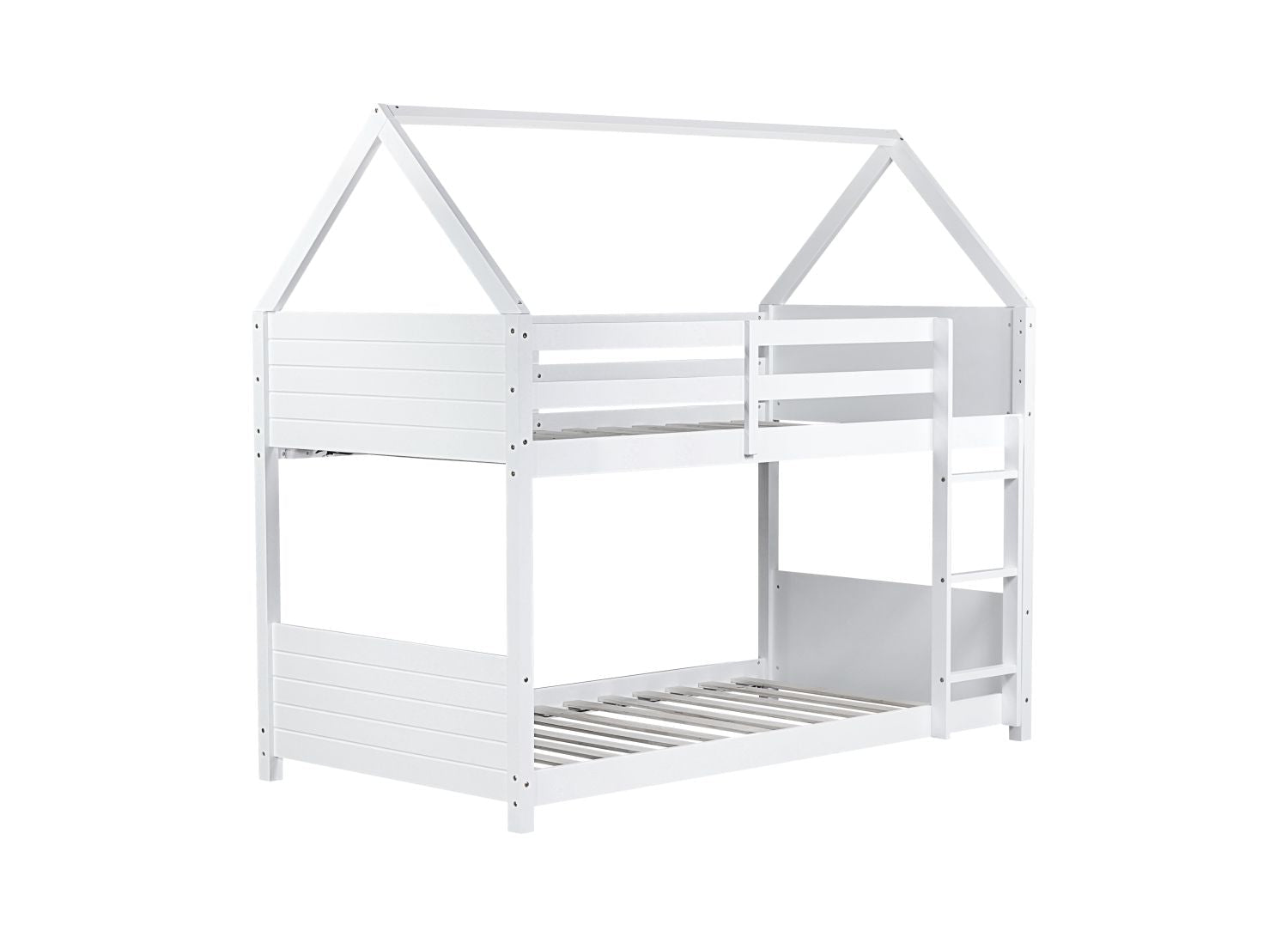 Kids Shared Room Twin Over Twin Rubber Wood House Floor Bunk Bed with Guardrails Ladder White | Just Better Bunk Beds