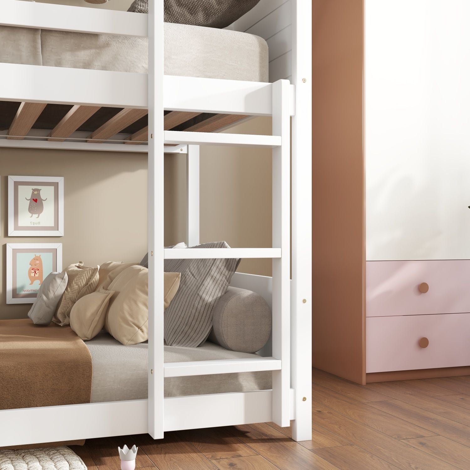 Kids Shared Room Twin Over Twin Rubber Wood House Floor Bunk Bed with Guardrails Ladder White | Just Better Bunk Beds