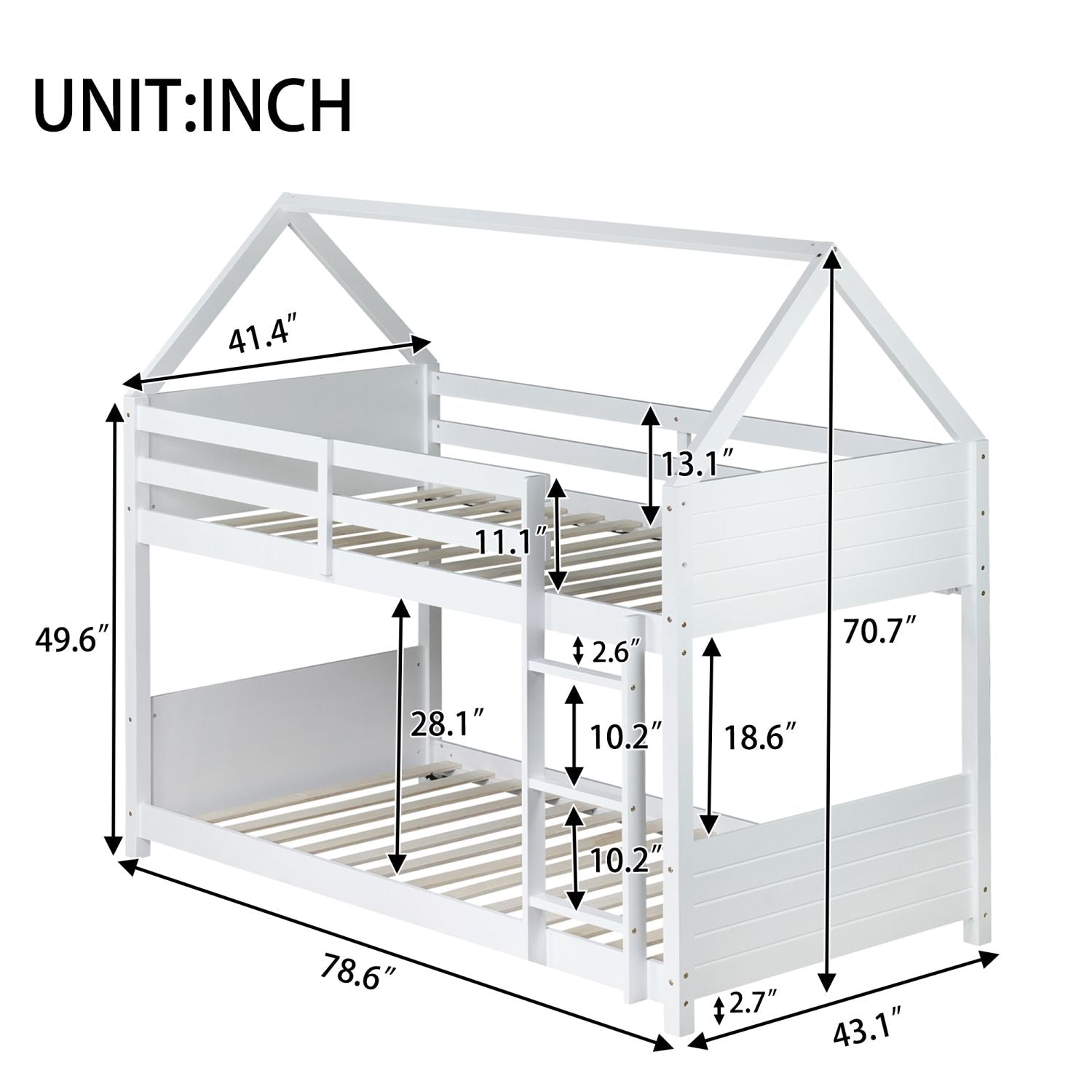 Kids Shared Room Twin Over Twin Rubber Wood House Floor Bunk Bed with Guardrails Ladder White | Just Better Bunk Beds