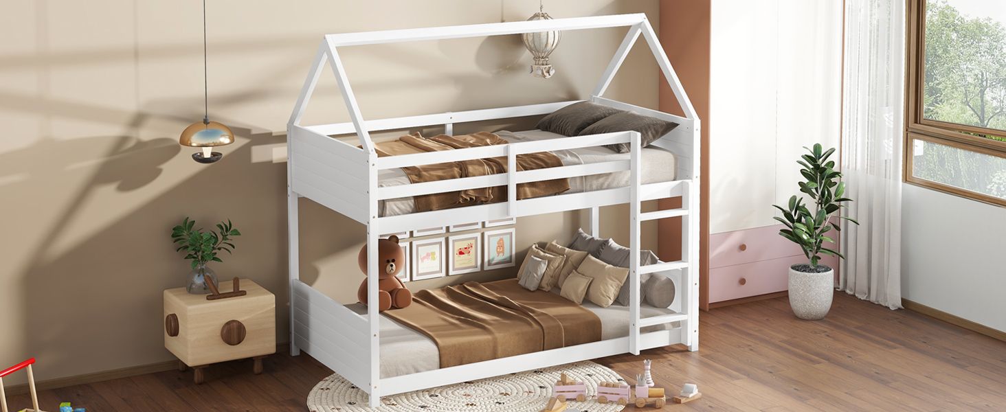 Kids Shared Room Twin Over Twin Rubber Wood House Floor Bunk Bed with Guardrails Ladder White | Just Better Bunk Beds
