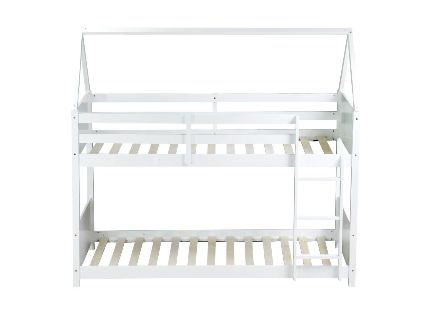 Kids Shared Room Twin Over Twin Rubber Wood House Floor Bunk Bed with Guardrails Ladder White | Just Better Bunk Beds
