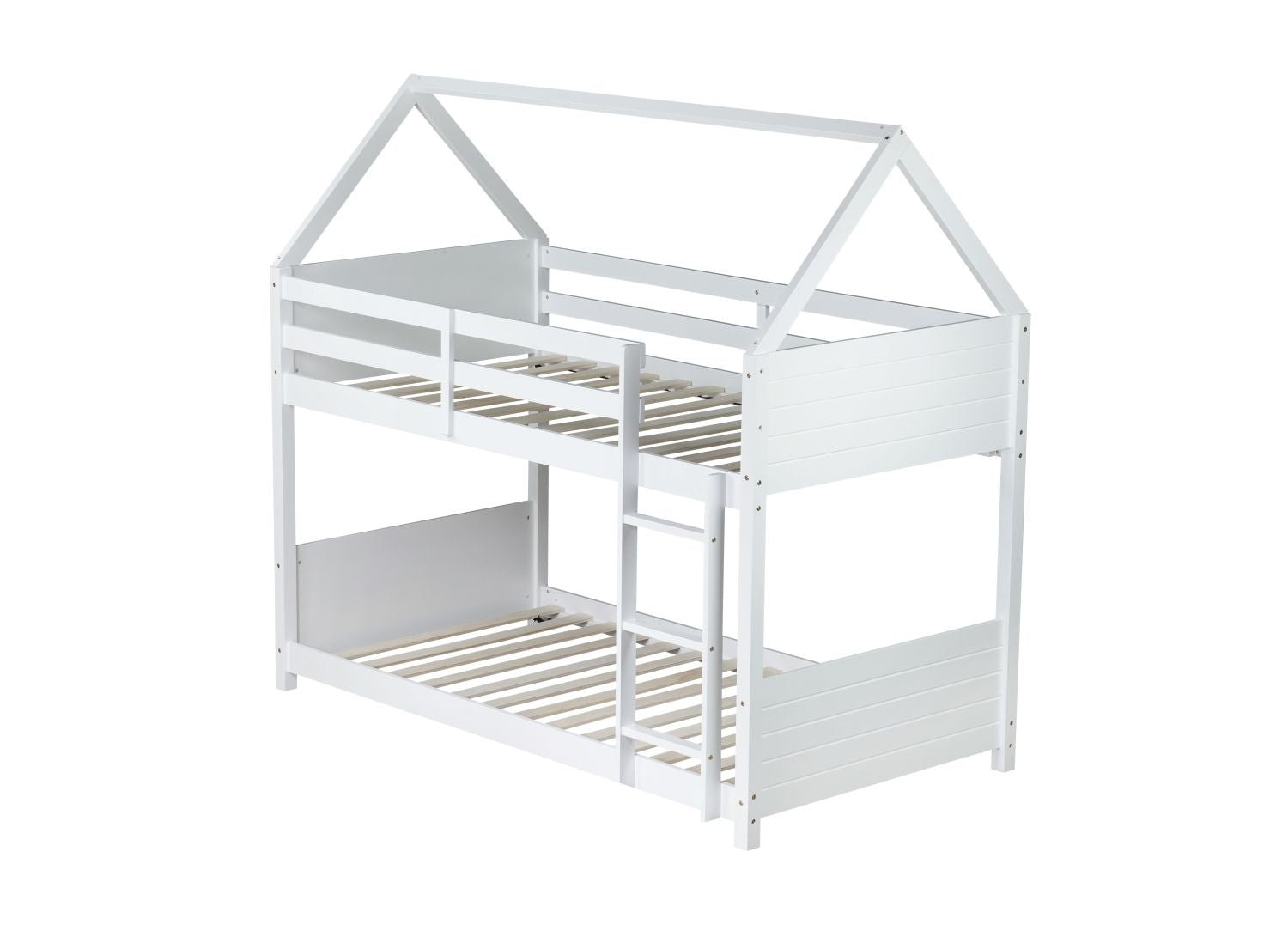 Kids Shared Room Twin Over Twin Rubber Wood House Floor Bunk Bed with Guardrails Ladder White | Just Better Bunk Beds