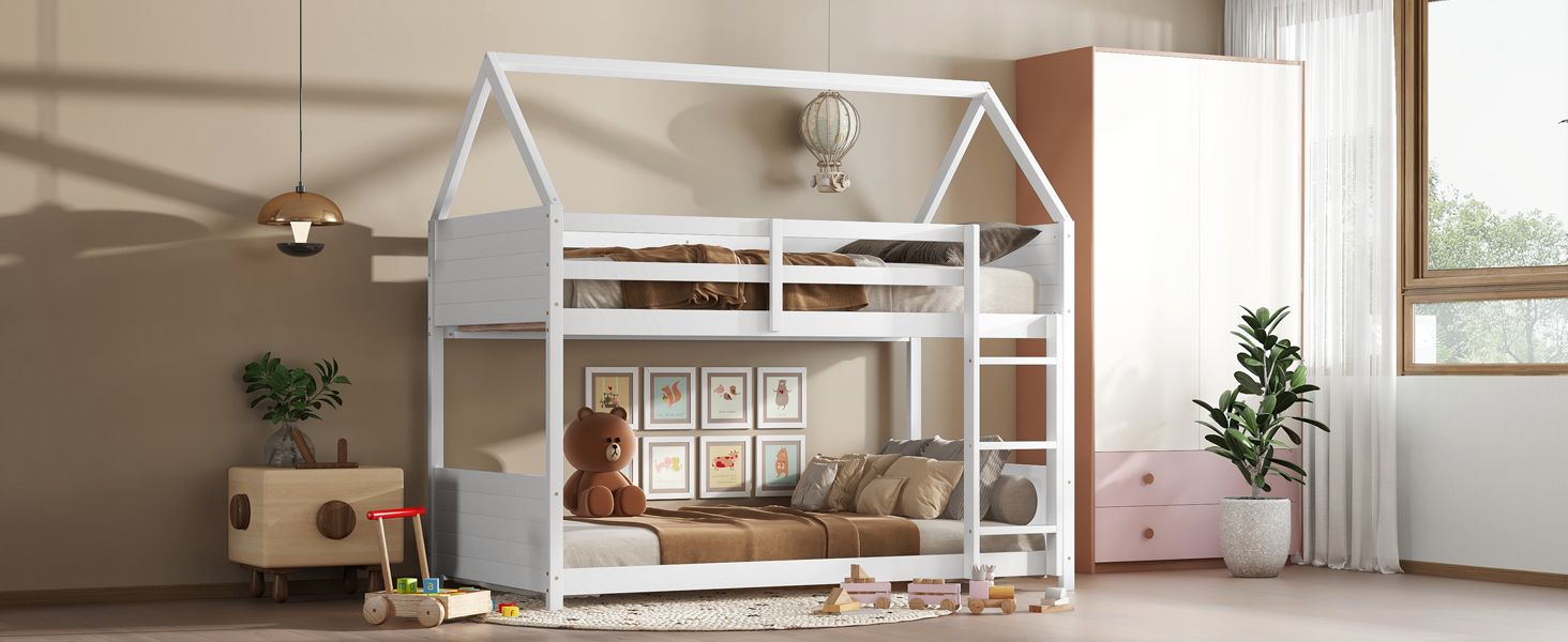 Kids Shared Room Twin Over Twin Rubber Wood House Floor Bunk Bed with Guardrails Ladder White | Just Better Bunk Beds