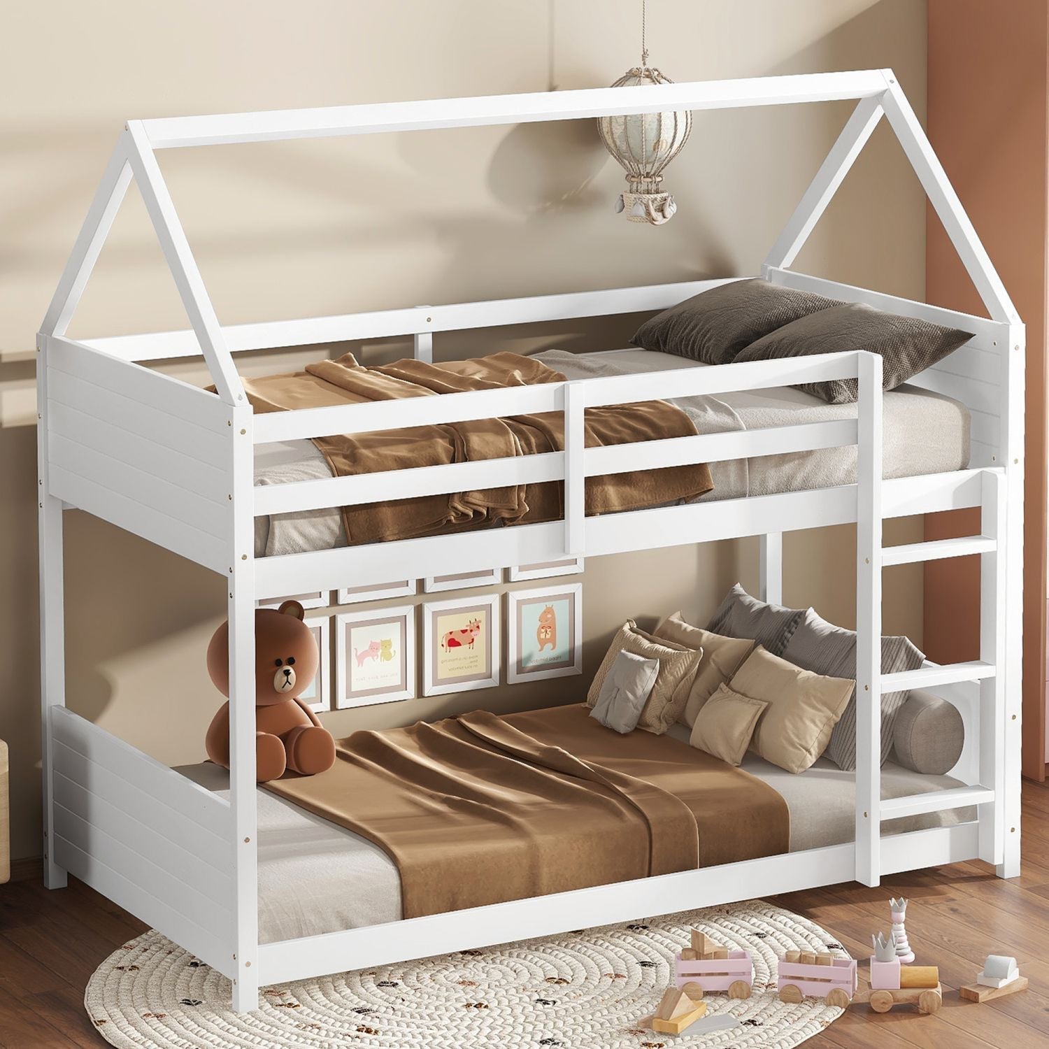 Kids Shared Room Twin Over Twin Rubber Wood House Floor Bunk Bed with Guardrails Ladder White | Just Better Bunk Beds