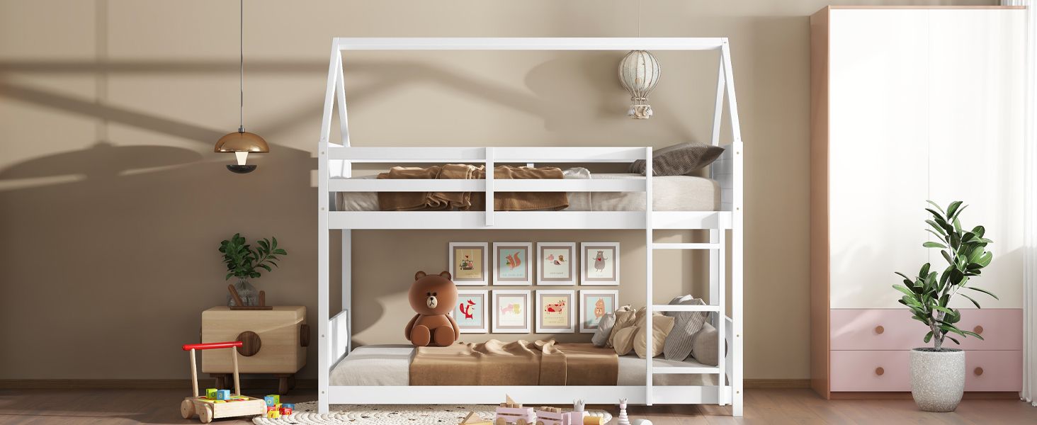 Kids Shared Room Twin Over Twin Rubber Wood House Floor Bunk Bed with Guardrails Ladder White | Just Better Bunk Beds