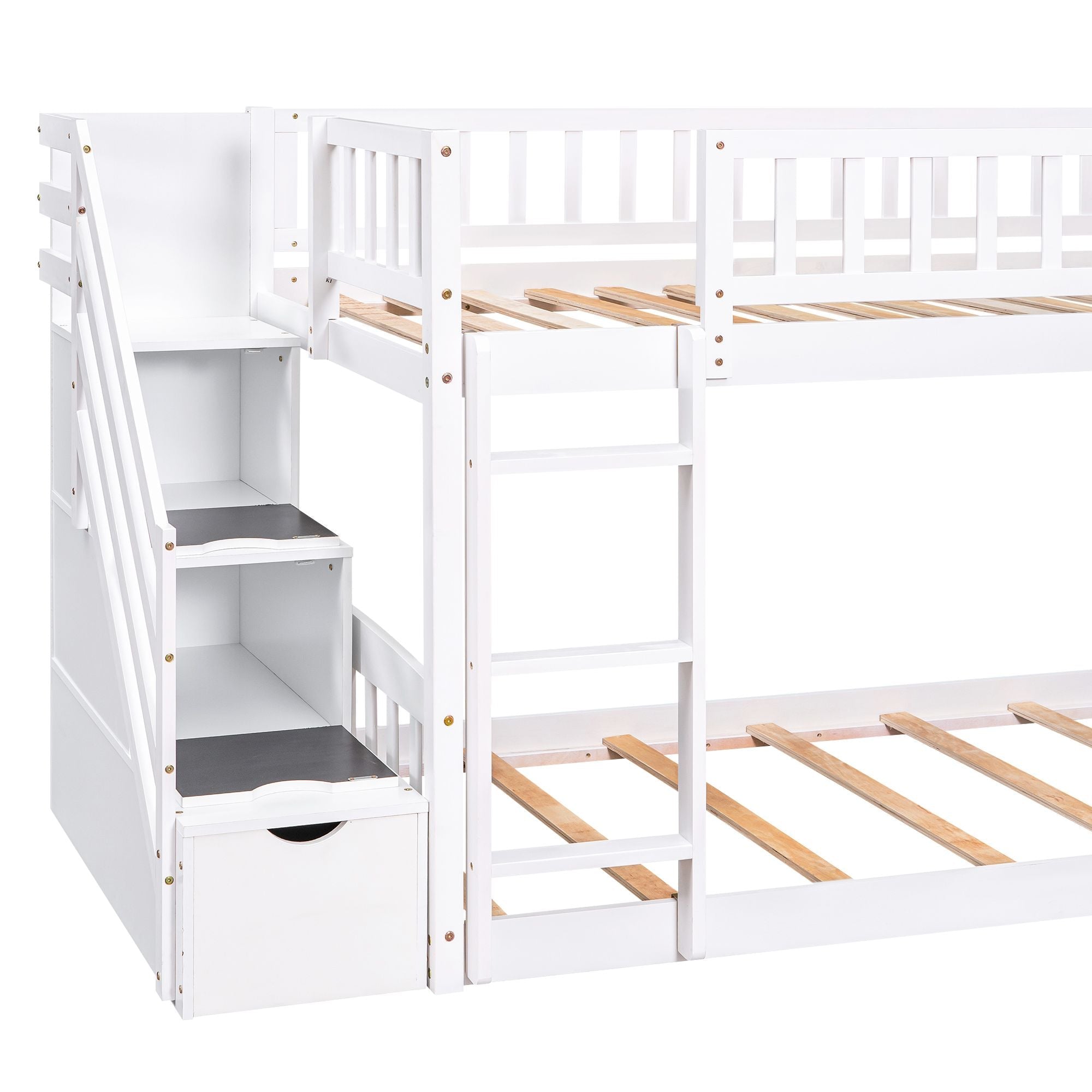 Kids Shared Room Twin over Twin Stairway Bunk Bed with Storage Drawers and Slide, White Wood | Just Better Bunk Beds