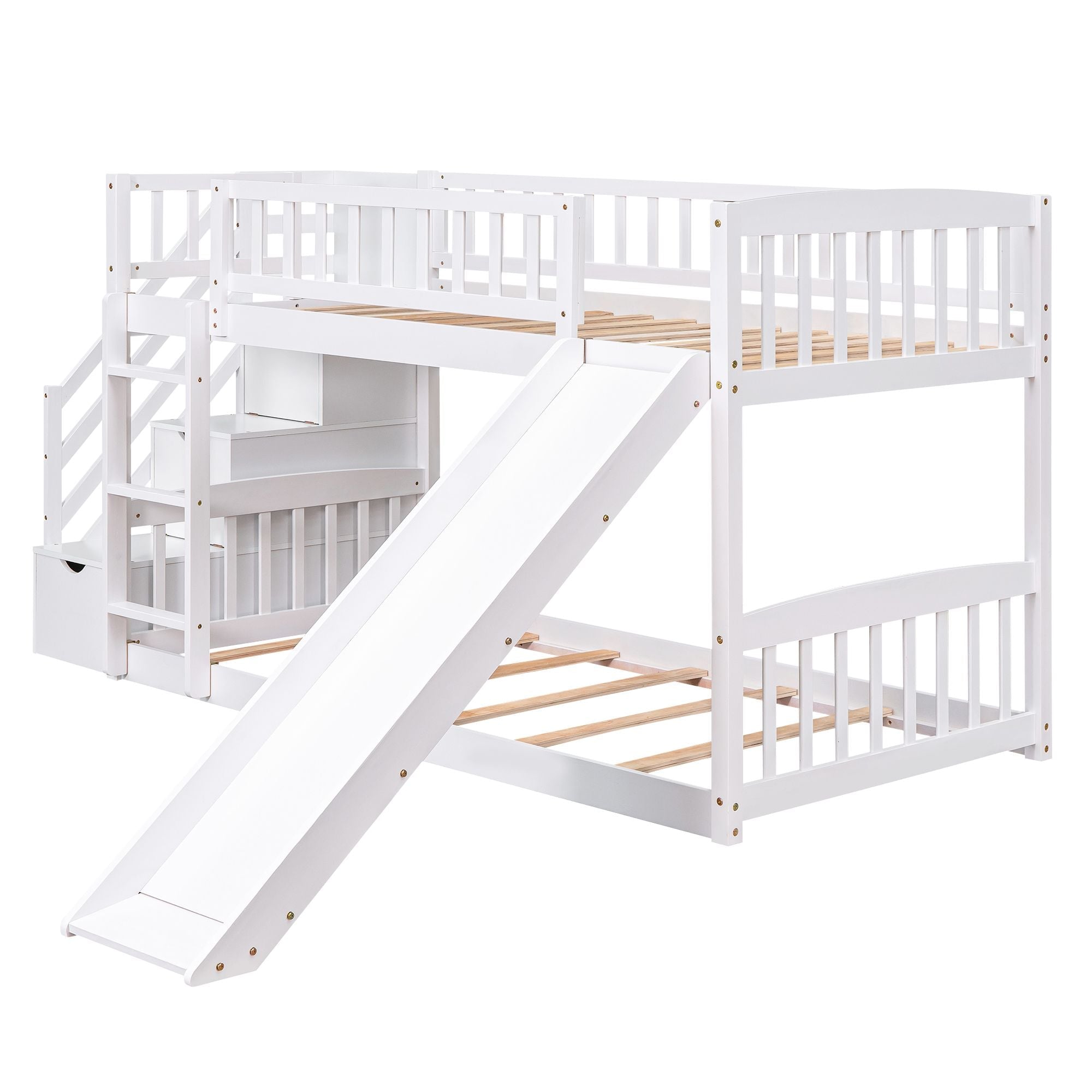 Kids Shared Room Twin over Twin Stairway Bunk Bed with Storage Drawers and Slide, White Wood | Just Better Bunk Beds