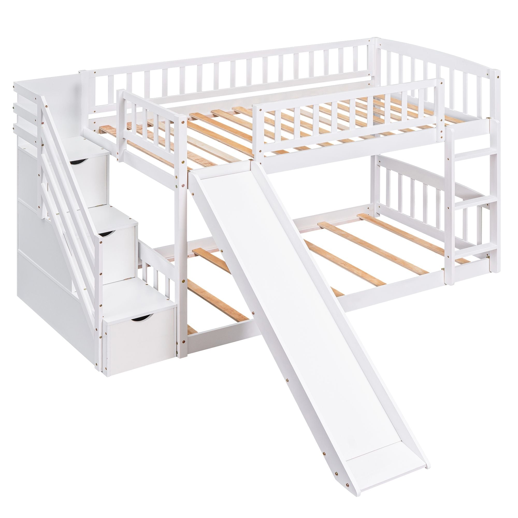 Kids Shared Room Twin over Twin Stairway Bunk Bed with Storage Drawers and Slide, White Wood | Just Better Bunk Beds