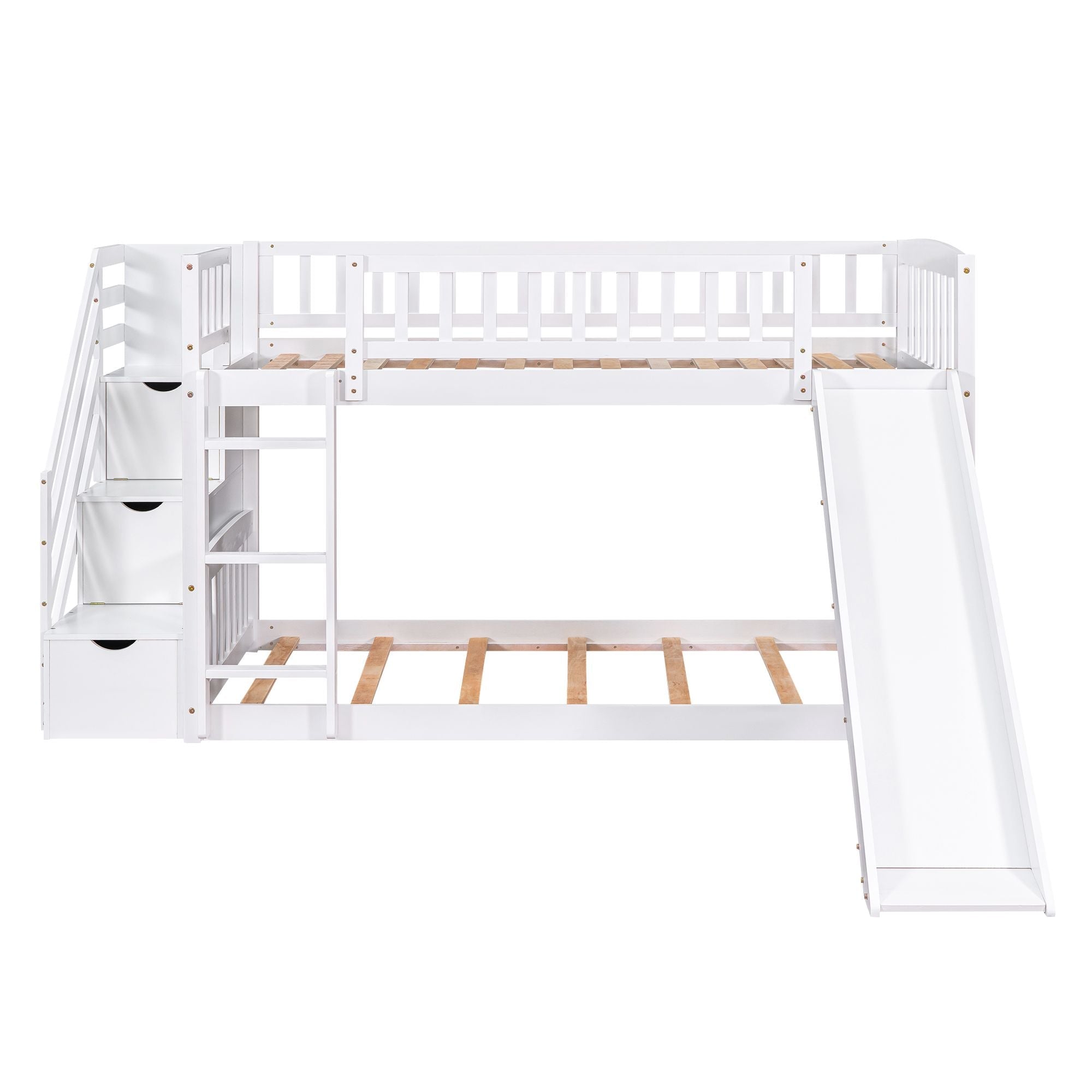 Kids Shared Room Twin over Twin Stairway Bunk Bed with Storage Drawers and Slide, White Wood | Just Better Bunk Beds