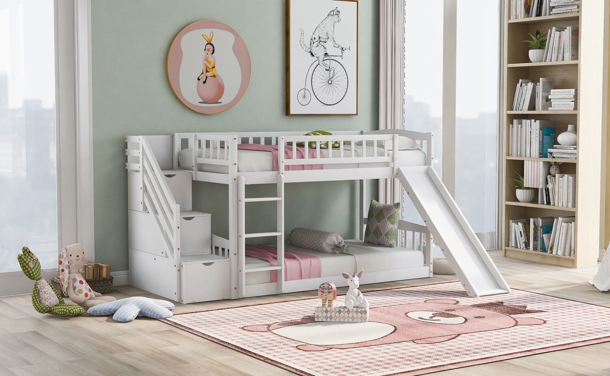 Kids Shared Room Twin over Twin Stairway Bunk Bed with Storage Drawers and Slide, White Wood | Just Better Bunk Beds