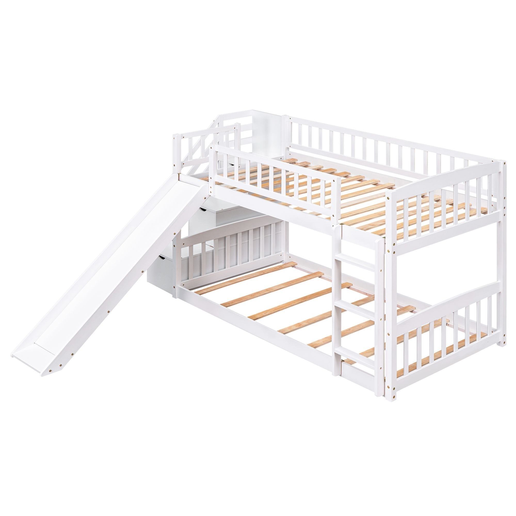 Kids Shared Room Twin over Twin Stairway Bunk Bed with Storage Drawers and Slide, White Wood | Just Better Bunk Beds