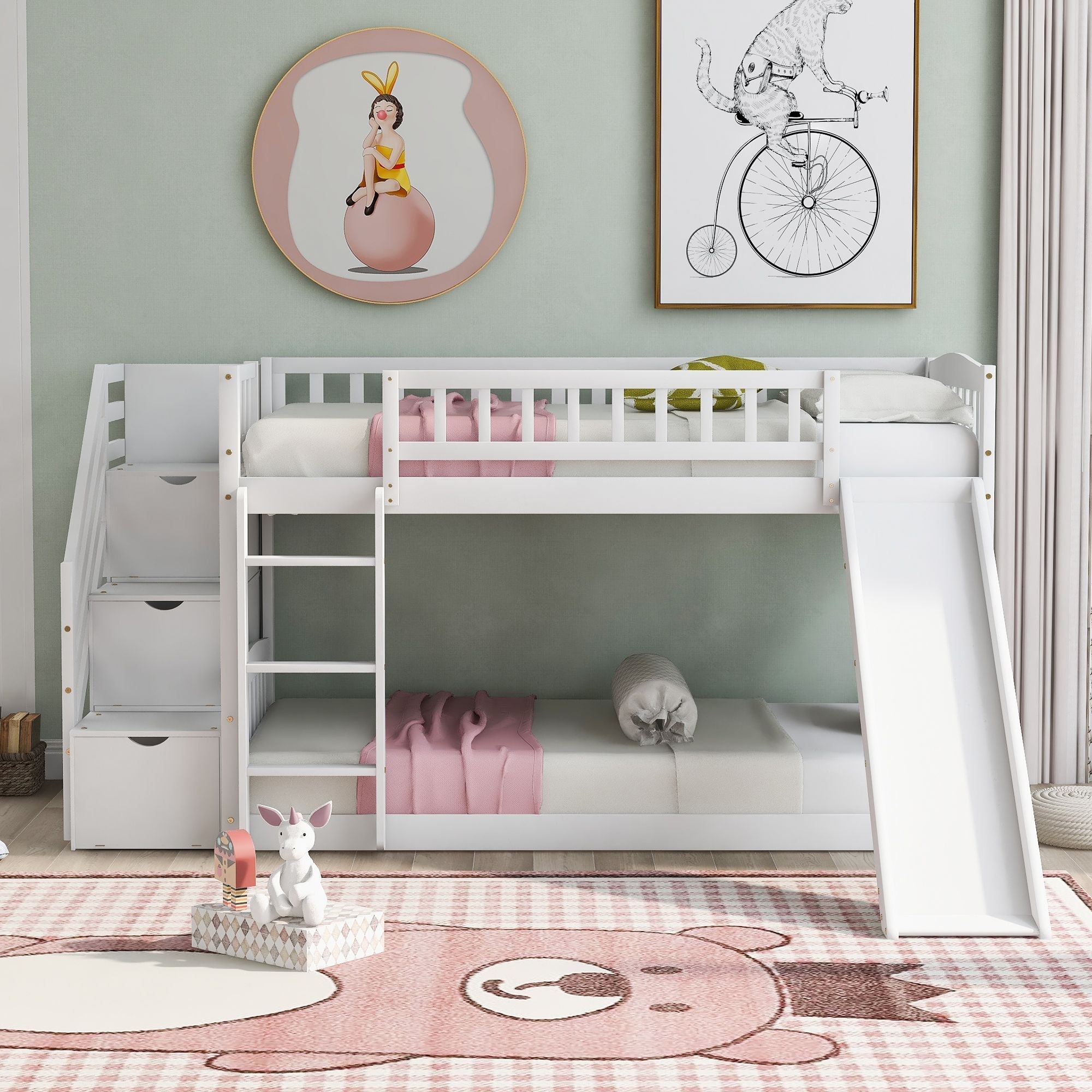 Kids Shared Room Twin over Twin Stairway Bunk Bed with Storage Drawers and Slide, White Wood | Just Better Bunk Beds