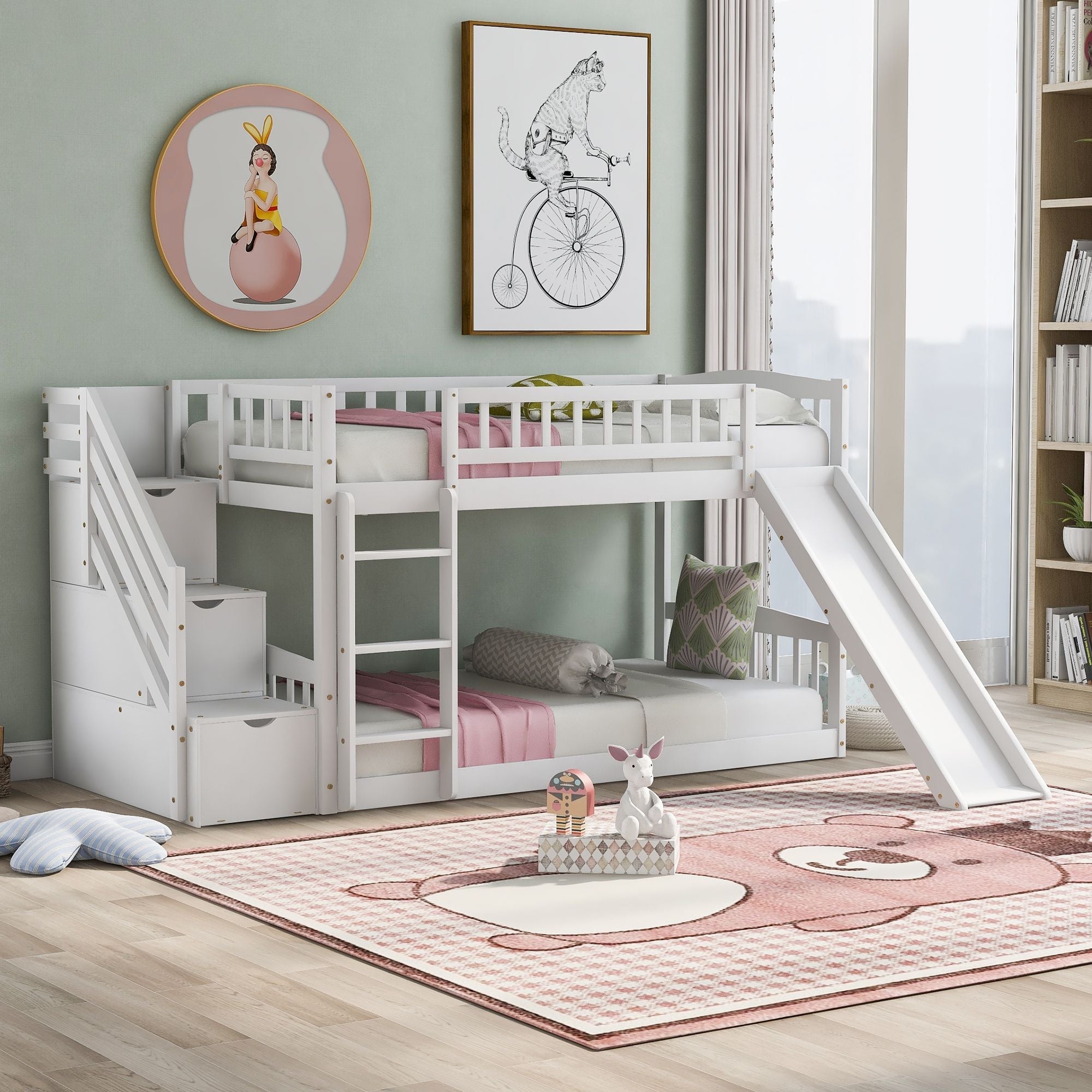 Kids Shared Room Twin over Twin Stairway Bunk Bed with Storage Drawers and Slide, White Wood | Just Better Bunk Beds