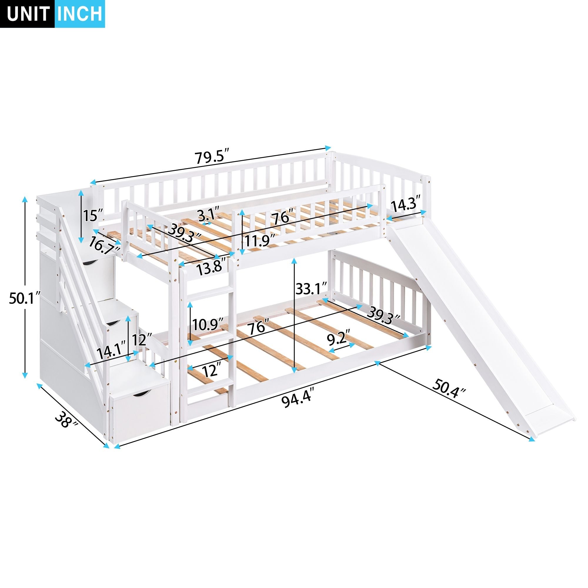 Kids Shared Room Twin over Twin Stairway Bunk Bed with Storage Drawers and Slide, White Wood | Just Better Bunk Beds