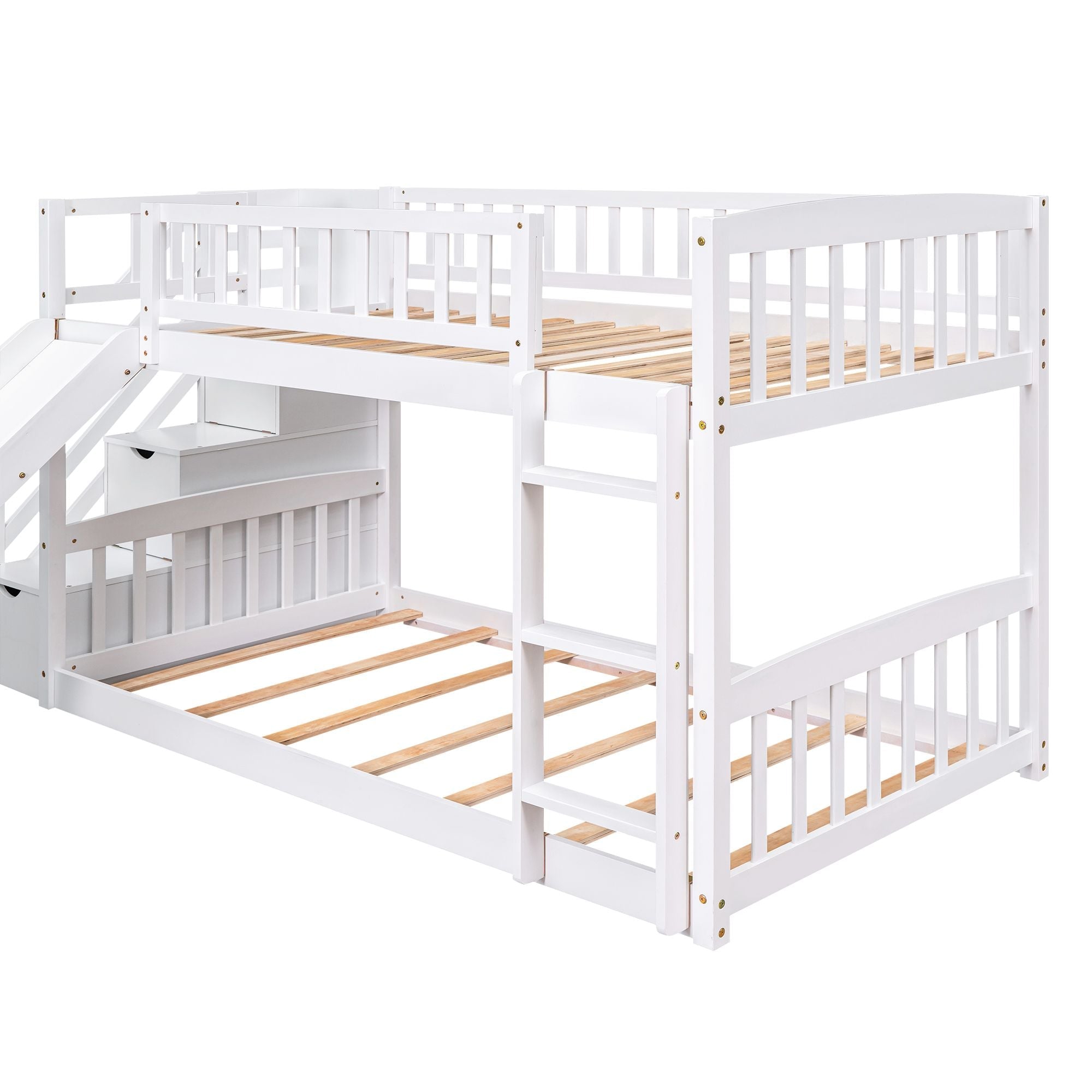 Kids Shared Room Twin over Twin Stairway Bunk Bed with Storage Drawers and Slide, White Wood | Just Better Bunk Beds