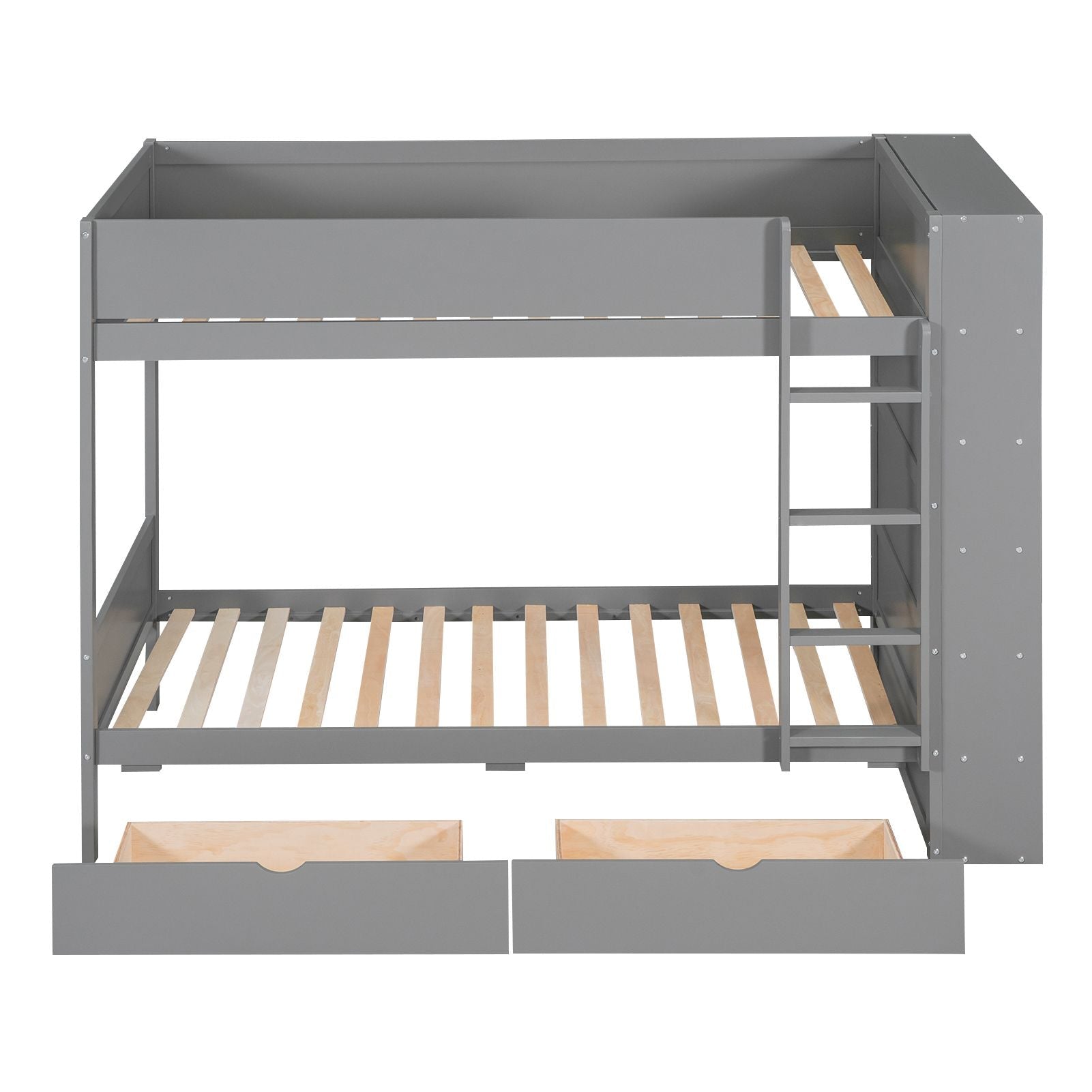 Kids Shared Room Twin Over Twin Wood Bunk Bed with 2 Drawers and Multi-layer Cabinet, Gray | Just Better Bunk Beds