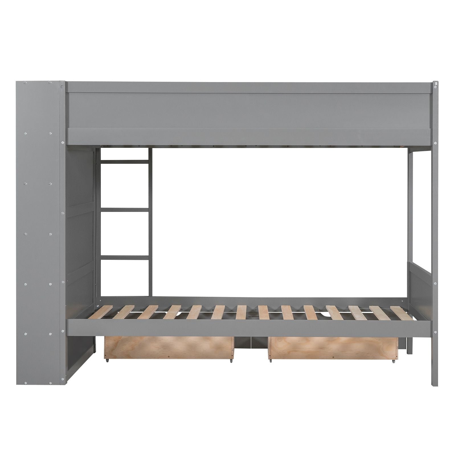 Kids Shared Room Twin Over Twin Wood Bunk Bed with 2 Drawers and Multi-layer Cabinet, Gray | Just Better Bunk Beds