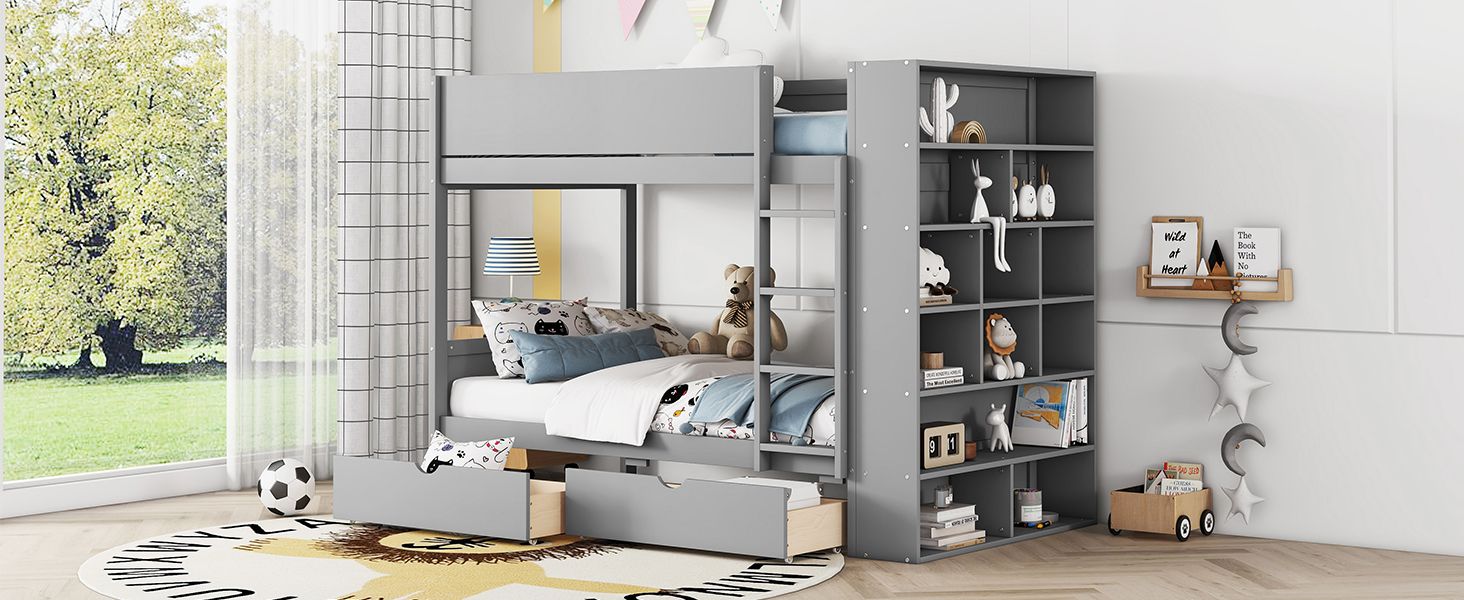 Kids Shared Room Twin Over Twin Wood Bunk Bed with 2 Drawers and Multi-layer Cabinet, Gray | Just Better Bunk Beds