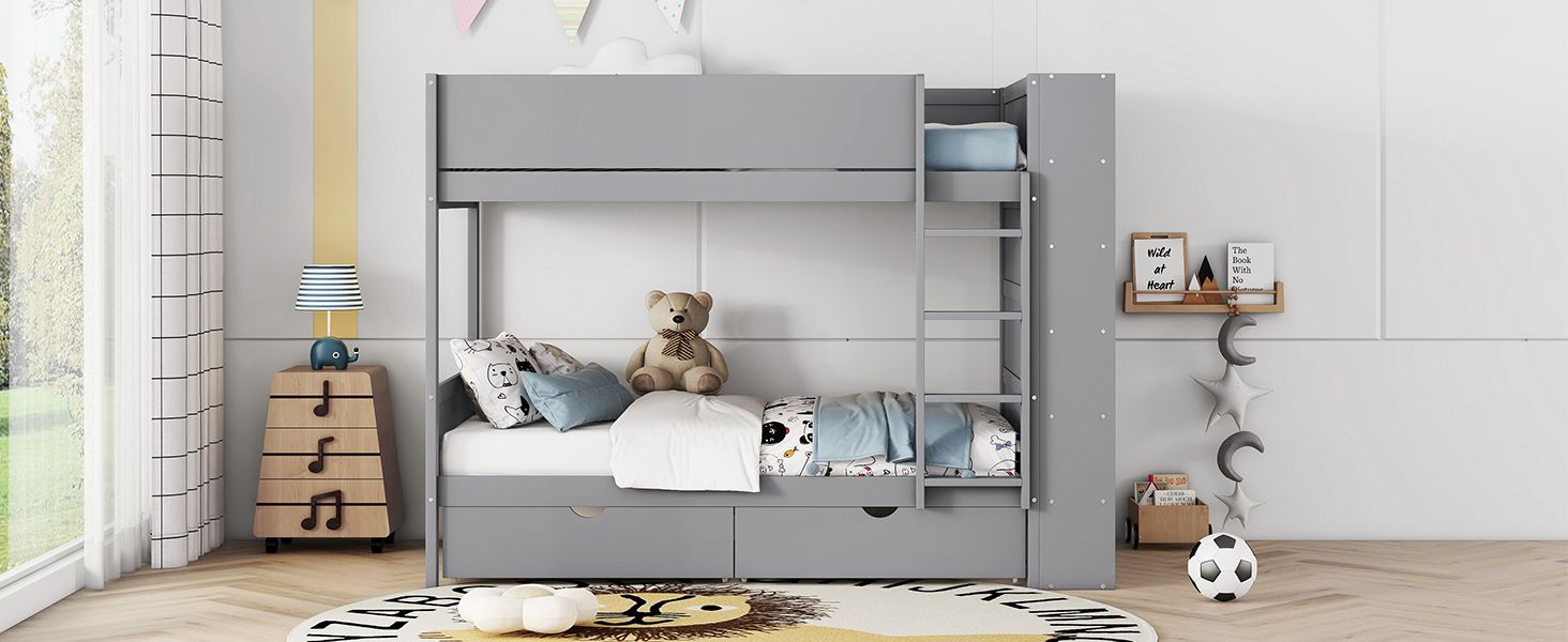 Kids Shared Room Twin Over Twin Wood Bunk Bed with 2 Drawers and Multi-layer Cabinet, Gray | Just Better Bunk Beds