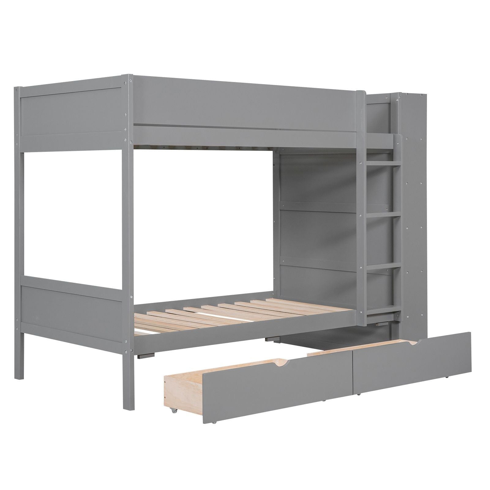 Kids Shared Room Twin Over Twin Wood Bunk Bed with 2 Drawers and Multi-layer Cabinet, Gray | Just Better Bunk Beds