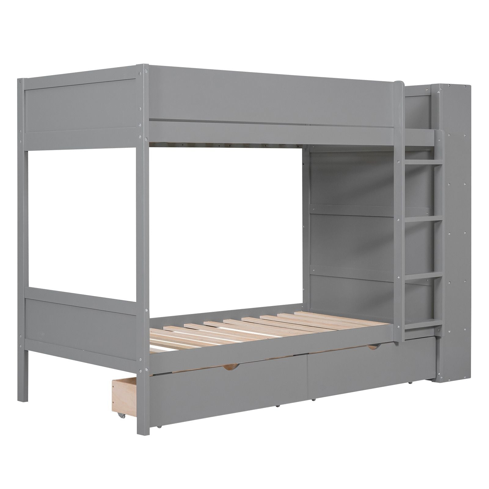 Kids Shared Room Twin Over Twin Wood Bunk Bed with 2 Drawers and Multi-layer Cabinet, Gray | Just Better Bunk Beds