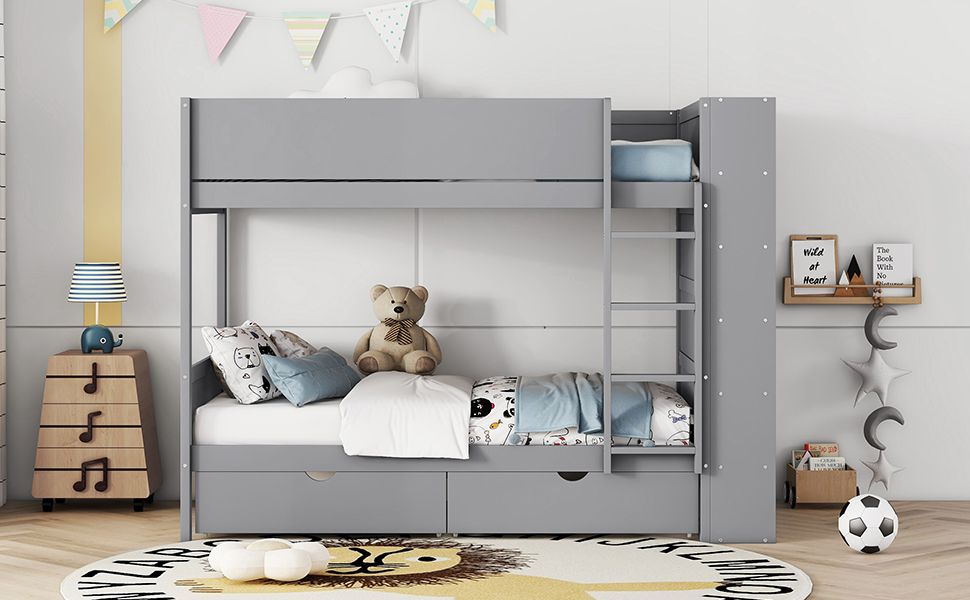 Kids Shared Room Twin Over Twin Wood Bunk Bed with 2 Drawers and Multi-layer Cabinet, Gray | Just Better Bunk Beds