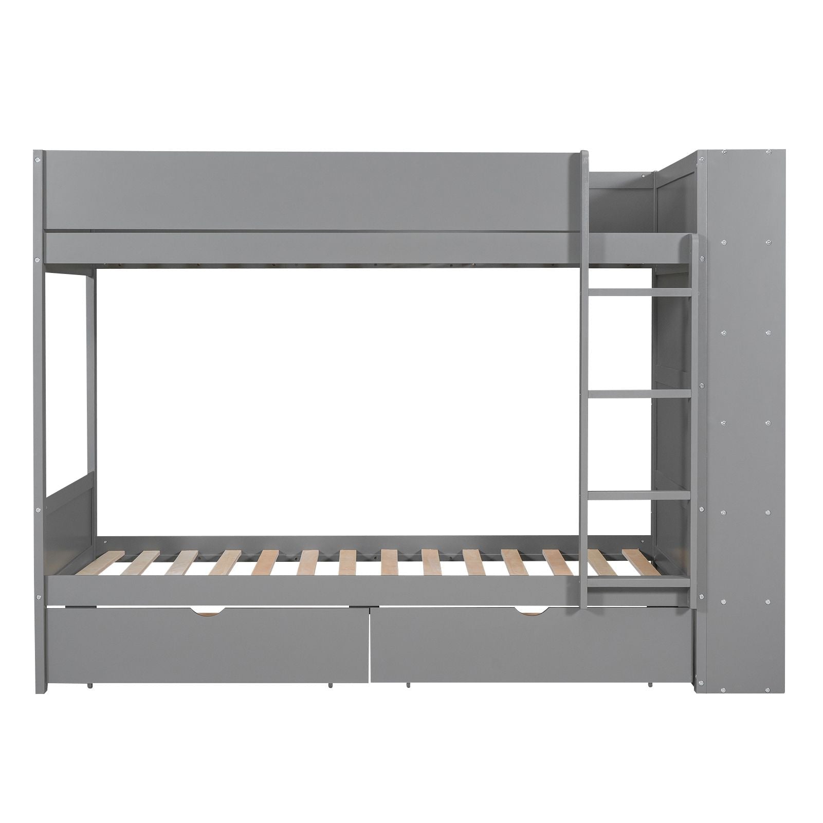 Kids Shared Room Twin Over Twin Wood Bunk Bed with 2 Drawers and Multi-layer Cabinet, Gray | Just Better Bunk Beds