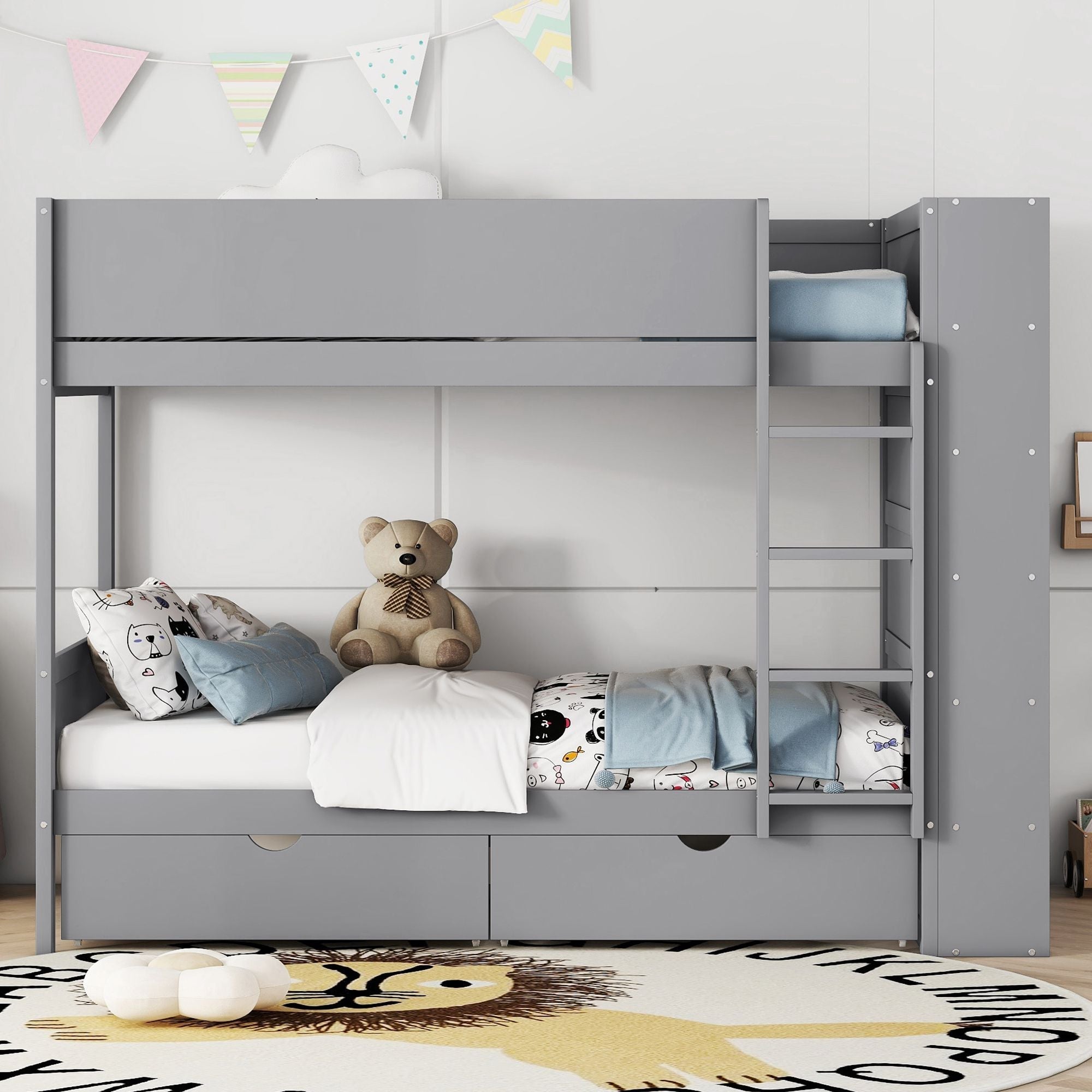 Kids Shared Room Twin Over Twin Wood Bunk Bed with 2 Drawers and Multi-layer Cabinet, Gray | Just Better Bunk Beds
