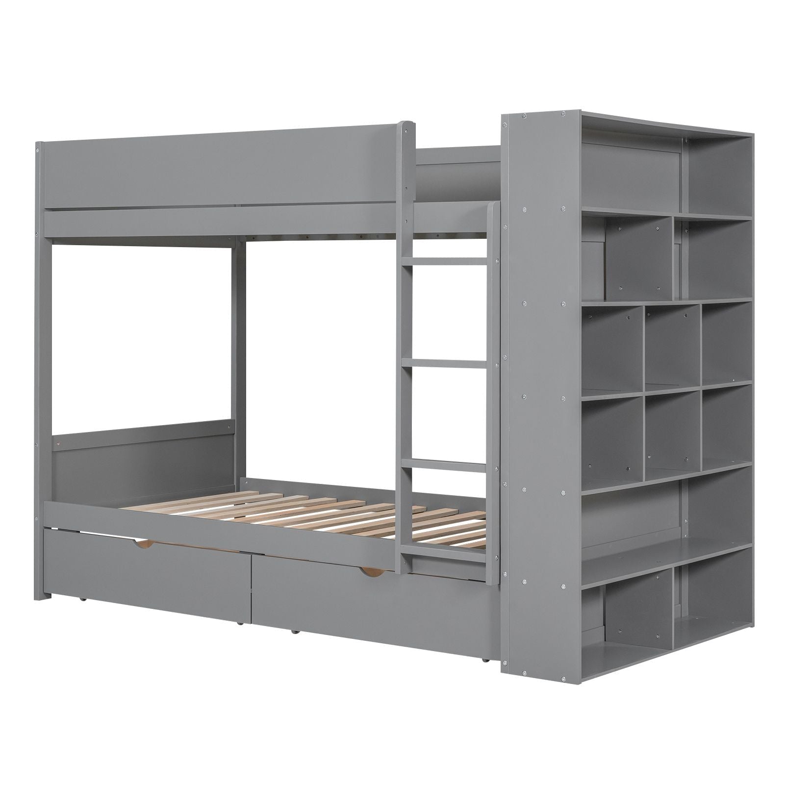 Kids Shared Room Twin Over Twin Wood Bunk Bed with 2 Drawers and Multi-layer Cabinet, Gray | Just Better Bunk Beds