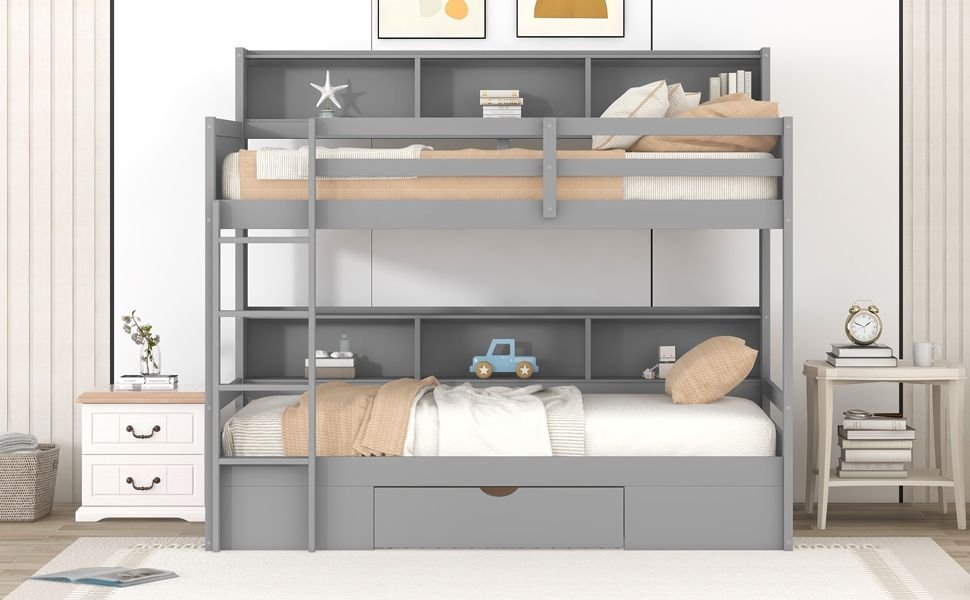 Kids Shared Room Twin Over Twin Wood Bunk Bed with Built-In Shelves and Storage Drawer, White or Gray | Just Better Bunk Beds