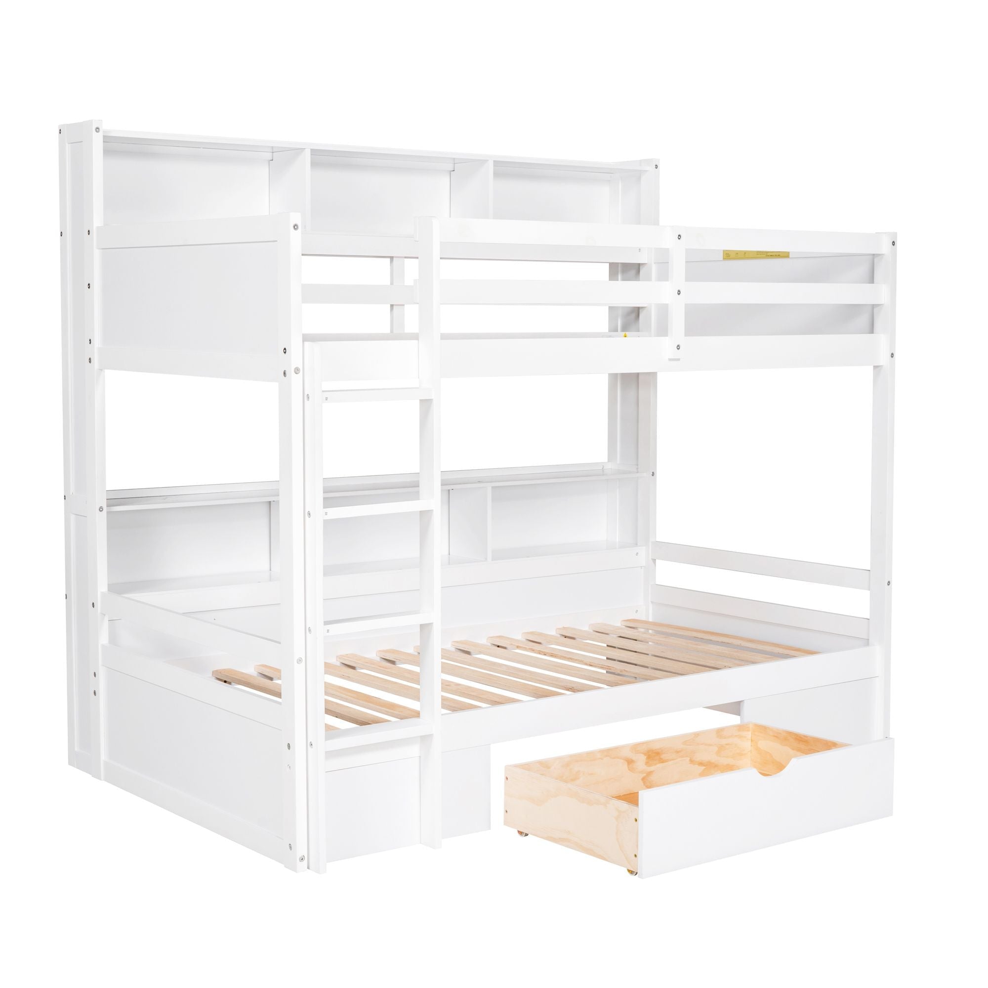 Kids Shared Room Twin Over Twin Wood Bunk Bed with Built-In Shelves and Storage Drawer, White or Gray | Just Better Bunk Beds