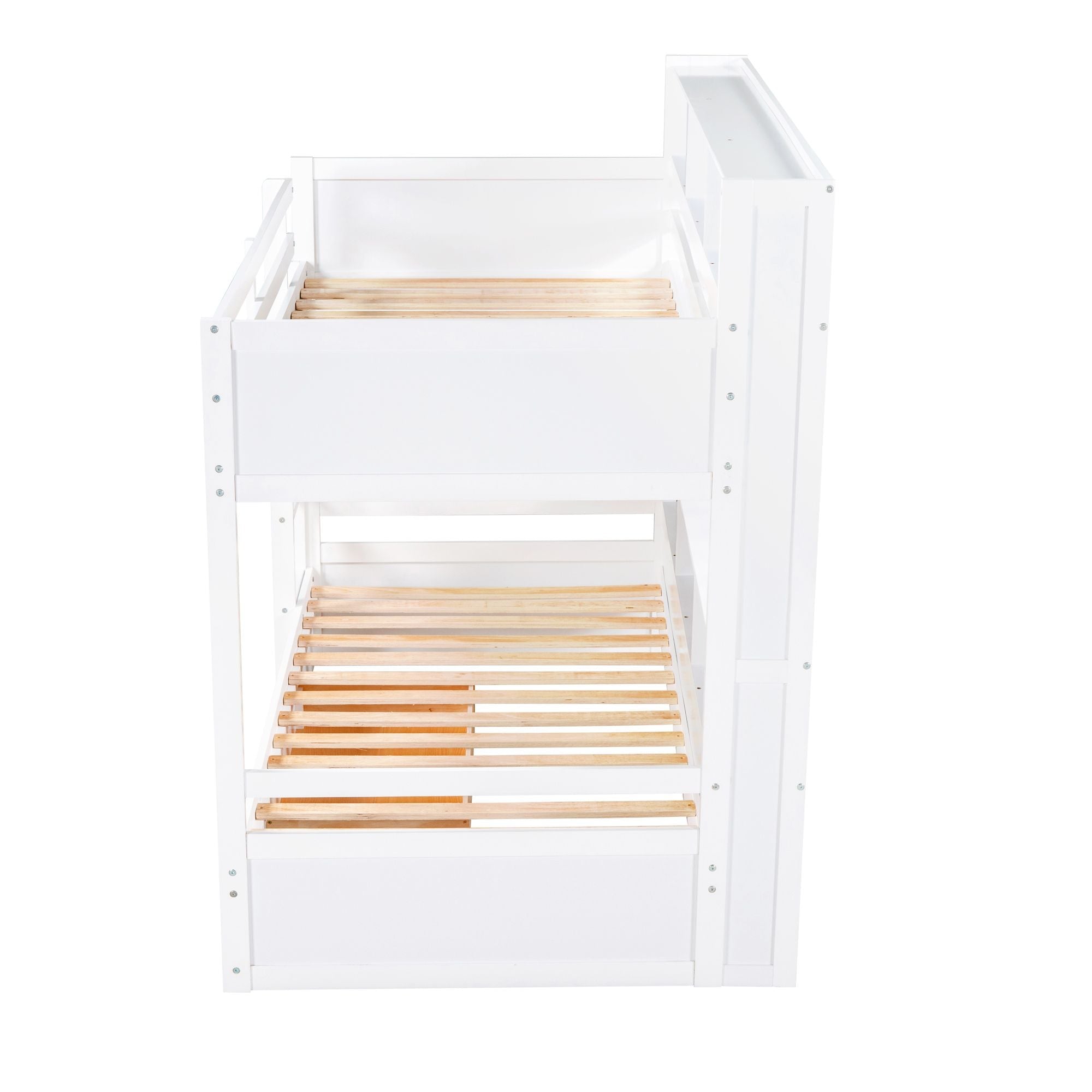 Kids Shared Room Twin Over Twin Wood Bunk Bed with Built-In Shelves and Storage Drawer, White or Gray | Just Better Bunk Beds
