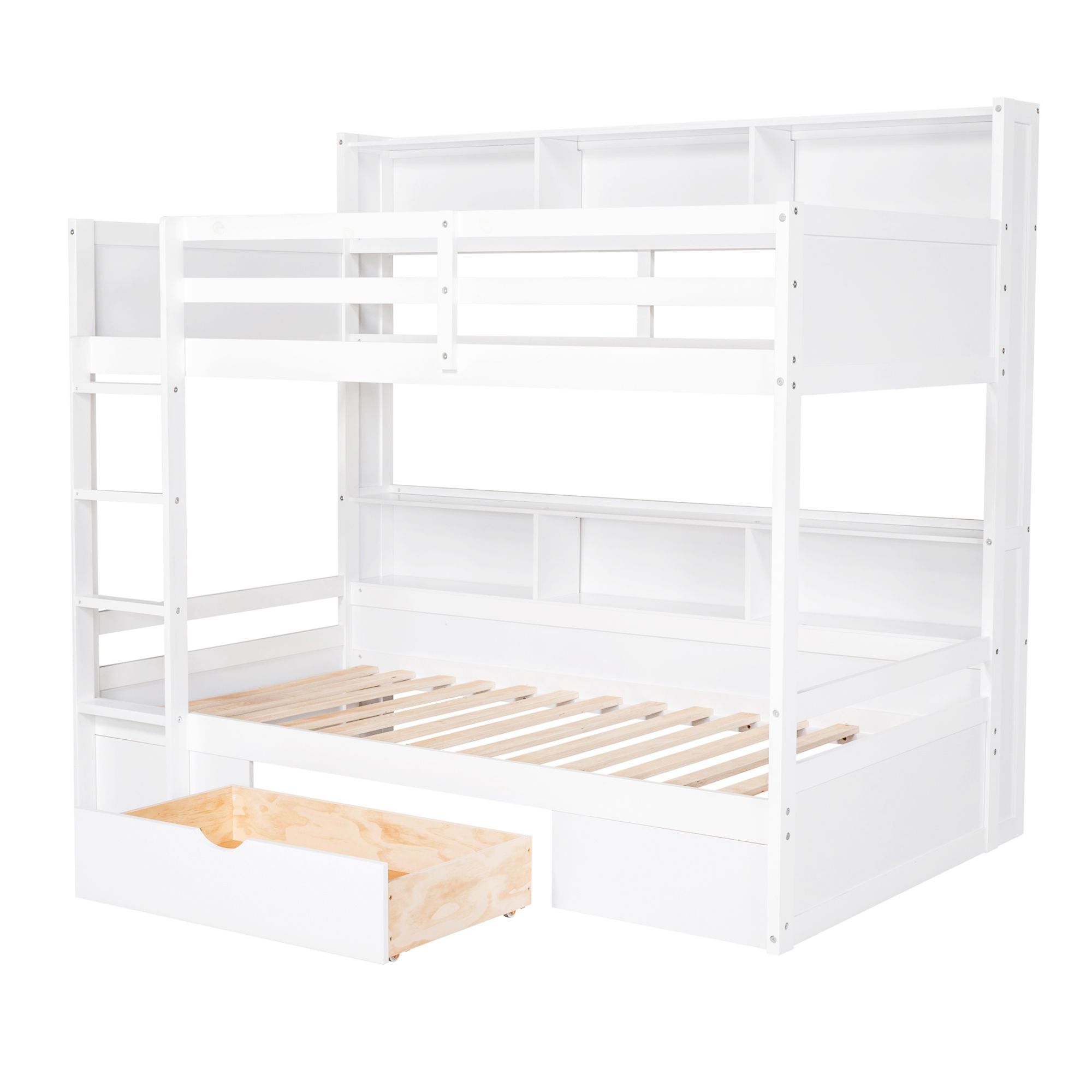 Kids Shared Room Twin Over Twin Wood Bunk Bed with Built-In Shelves and Storage Drawer, White or Gray | Just Better Bunk Beds