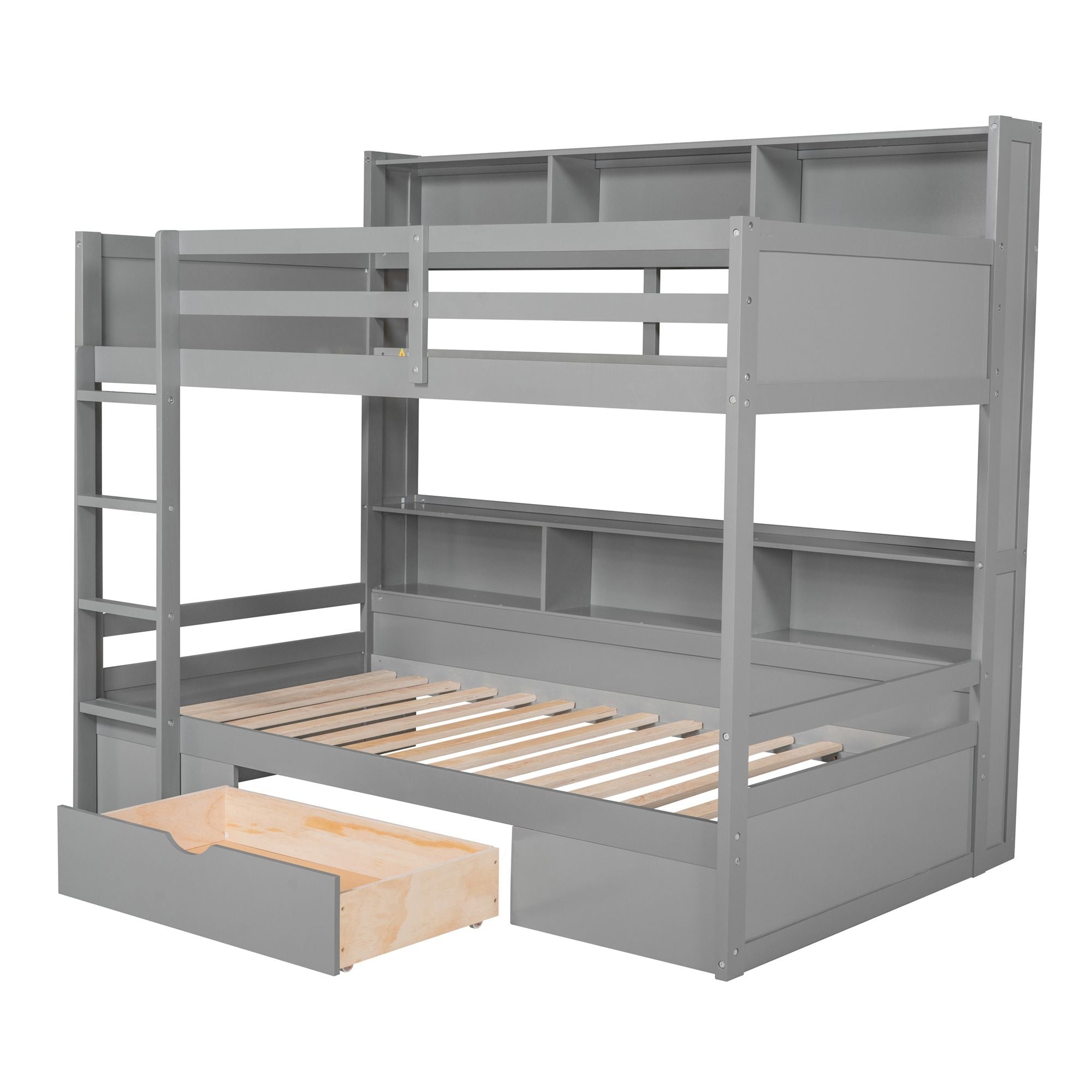 Kids Shared Room Twin Over Twin Wood Bunk Bed with Built-In Shelves and Storage Drawer, White or Gray | Just Better Bunk Beds