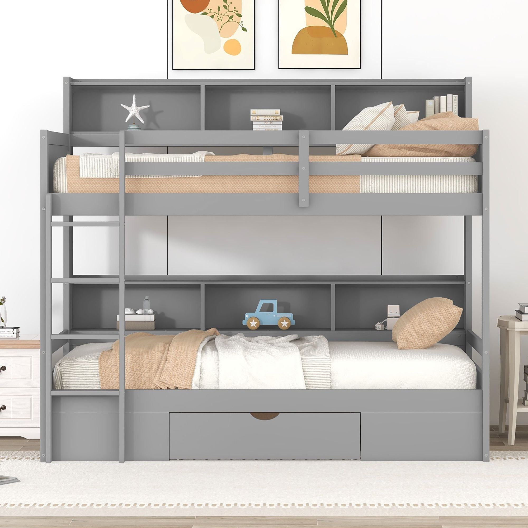 Kids Shared Room Twin Over Twin Wood Bunk Bed with Built-In Shelves and Storage Drawer, White or Gray | Just Better Bunk Beds