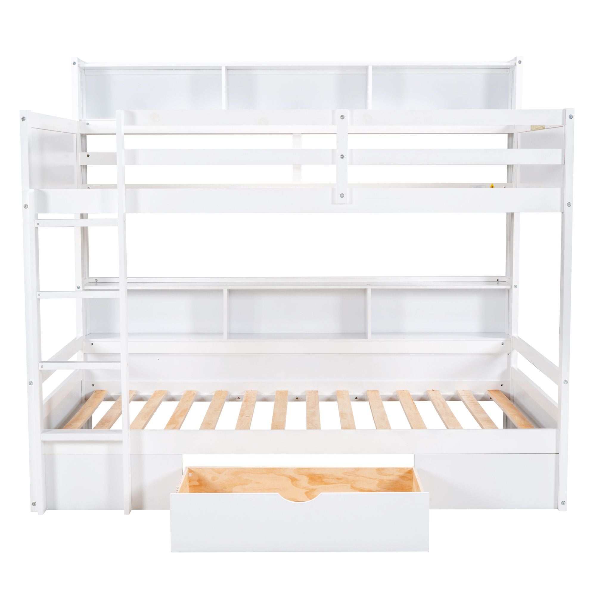 Kids Shared Room Twin Over Twin Wood Bunk Bed with Built-In Shelves and Storage Drawer, White or Gray | Just Better Bunk Beds