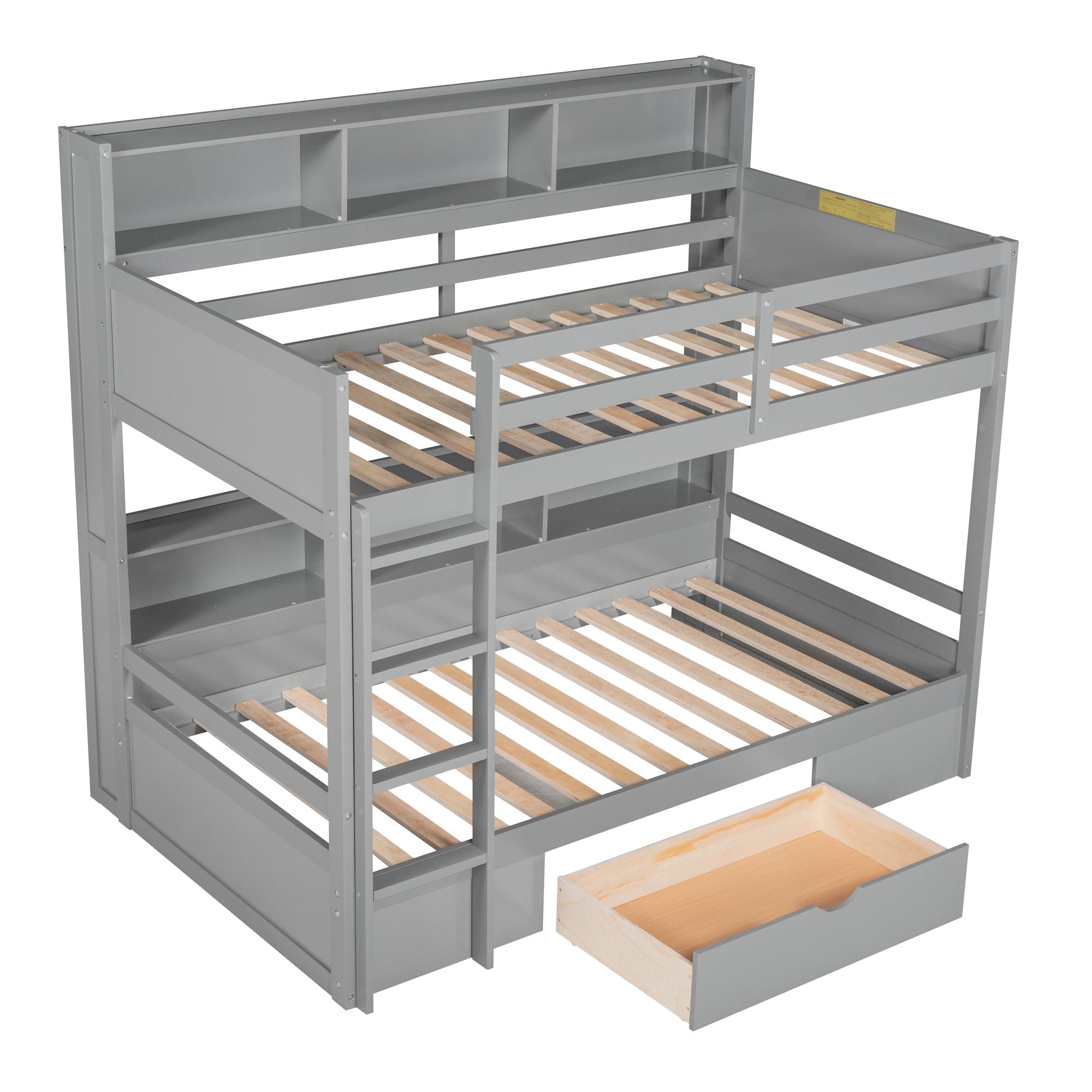 Kids Shared Room Twin Over Twin Wood Bunk Bed with Built-In Shelves and Storage Drawer, White or Gray | Just Better Bunk Beds