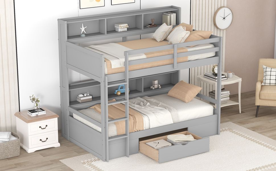 Kids Shared Room Twin Over Twin Wood Bunk Bed with Built-In Shelves and Storage Drawer, White or Gray | Just Better Bunk Beds