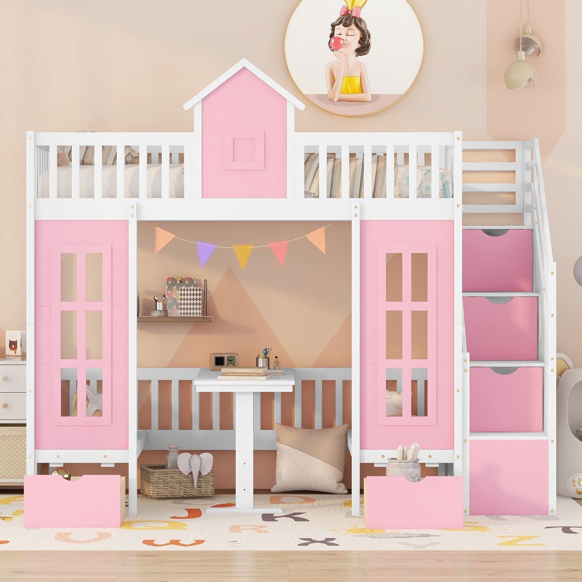 Kids Shared Room Twin Over Twin Wood Bunk Bed with Convertible Desk and Pink Finish | Just Better Bunk Beds