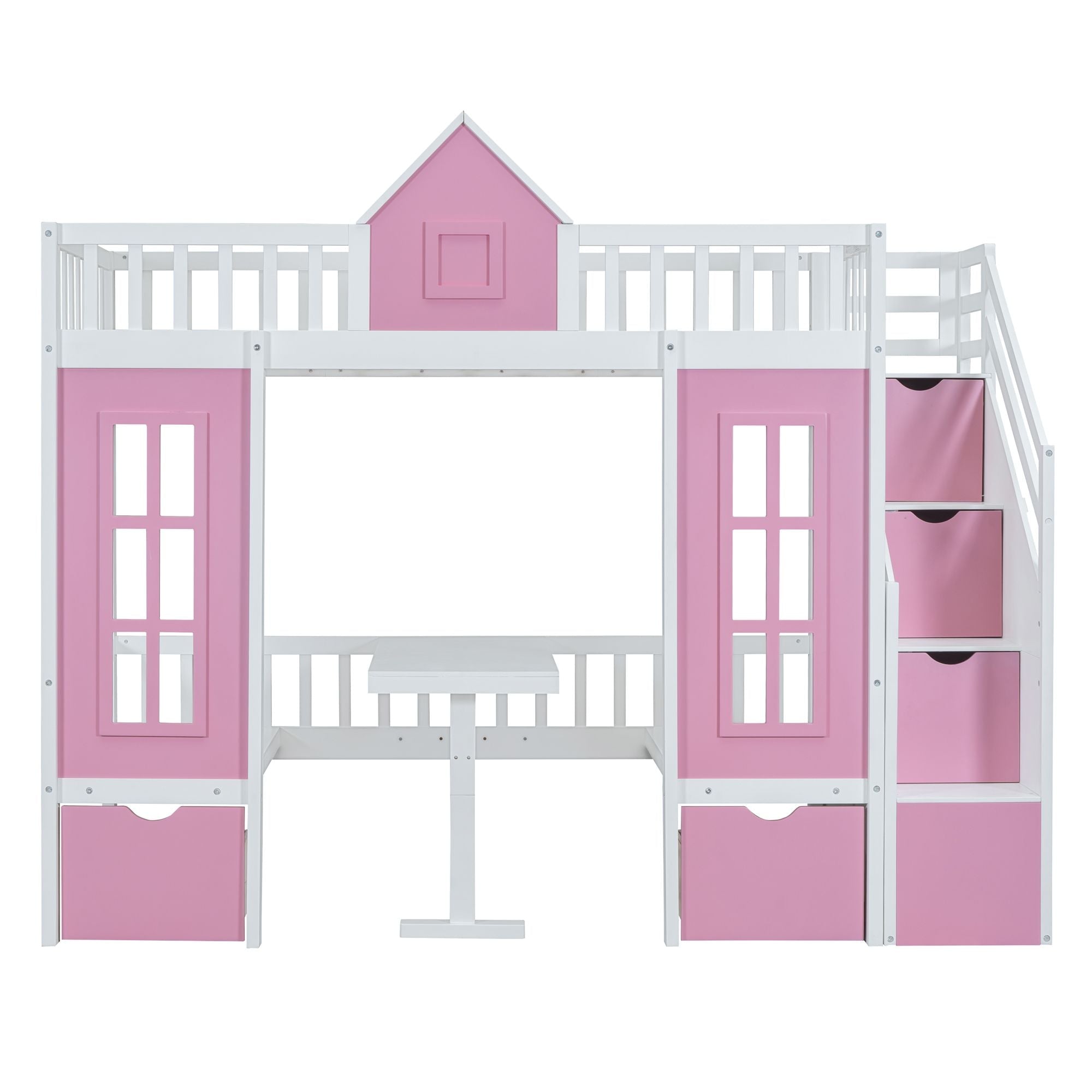 Kids Shared Room Twin Over Twin Wood Bunk Bed with Convertible Desk and Pink Finish | Just Better Bunk Beds