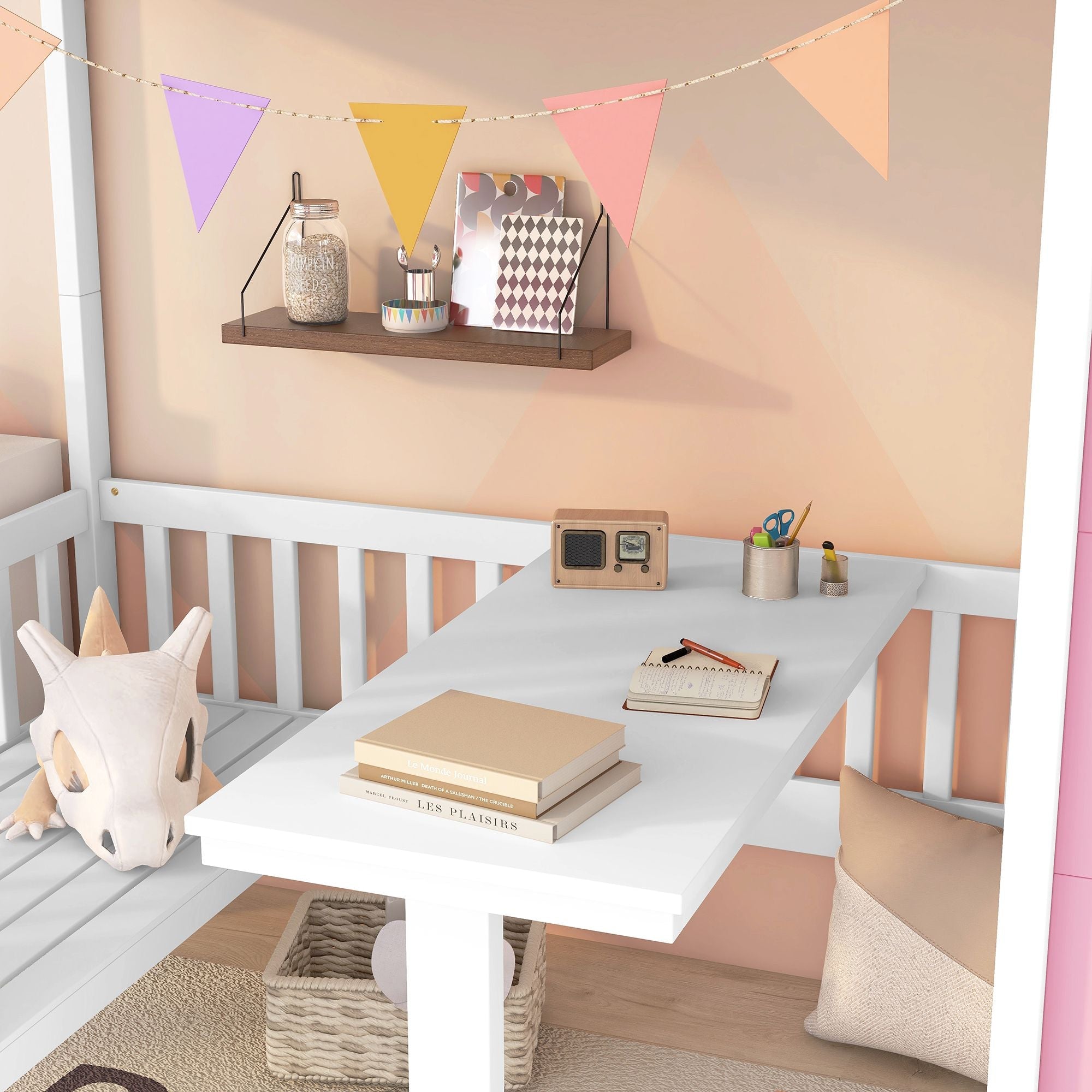 Kids Shared Room Twin Over Twin Wood Bunk Bed with Convertible Desk, Pink | Just Better Bunk Beds