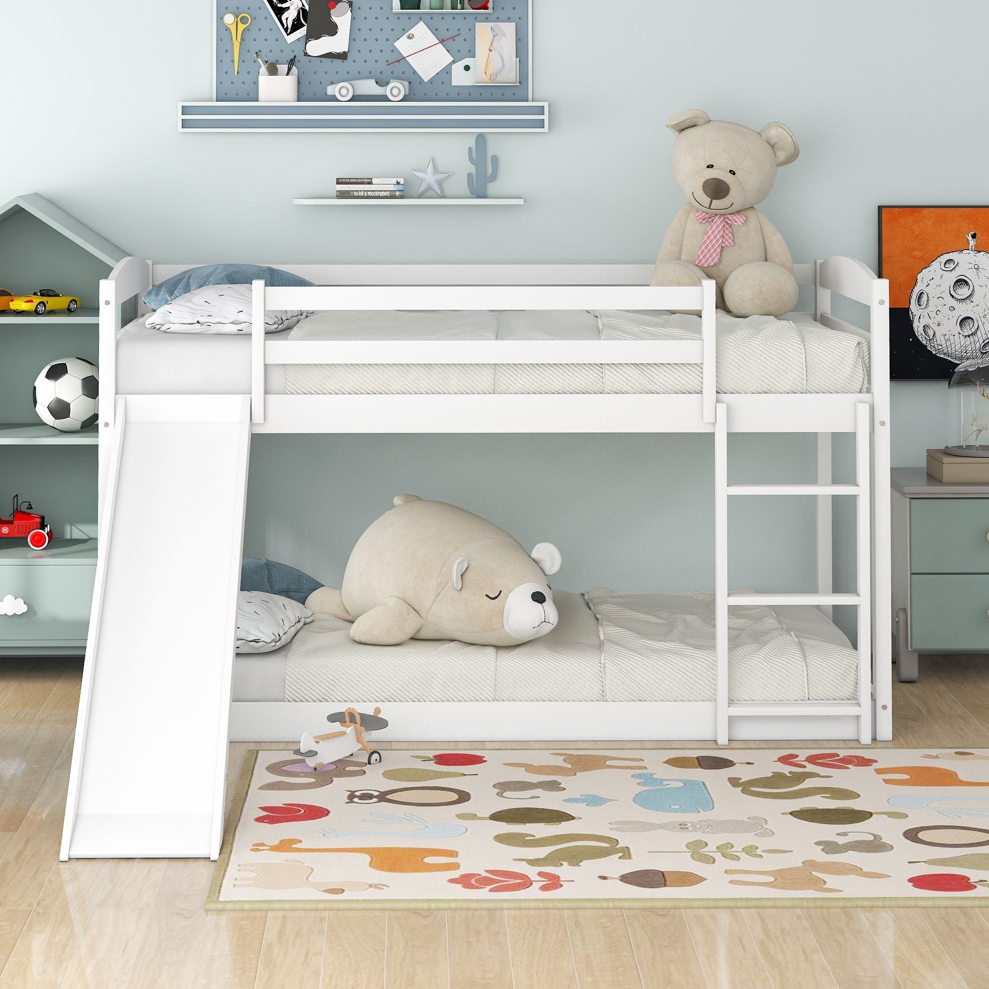 Kids Shared Room Twin over Twin Wood Bunk Bed with Convertible Slide and Ladder Gray | Just Better Bunk Beds